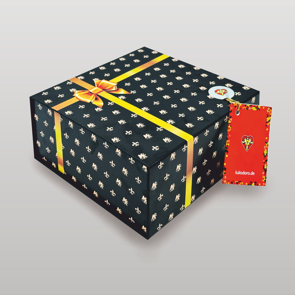 Magnetbox schwarz mit goldener Schleife und zartem Lilienmuster - groß