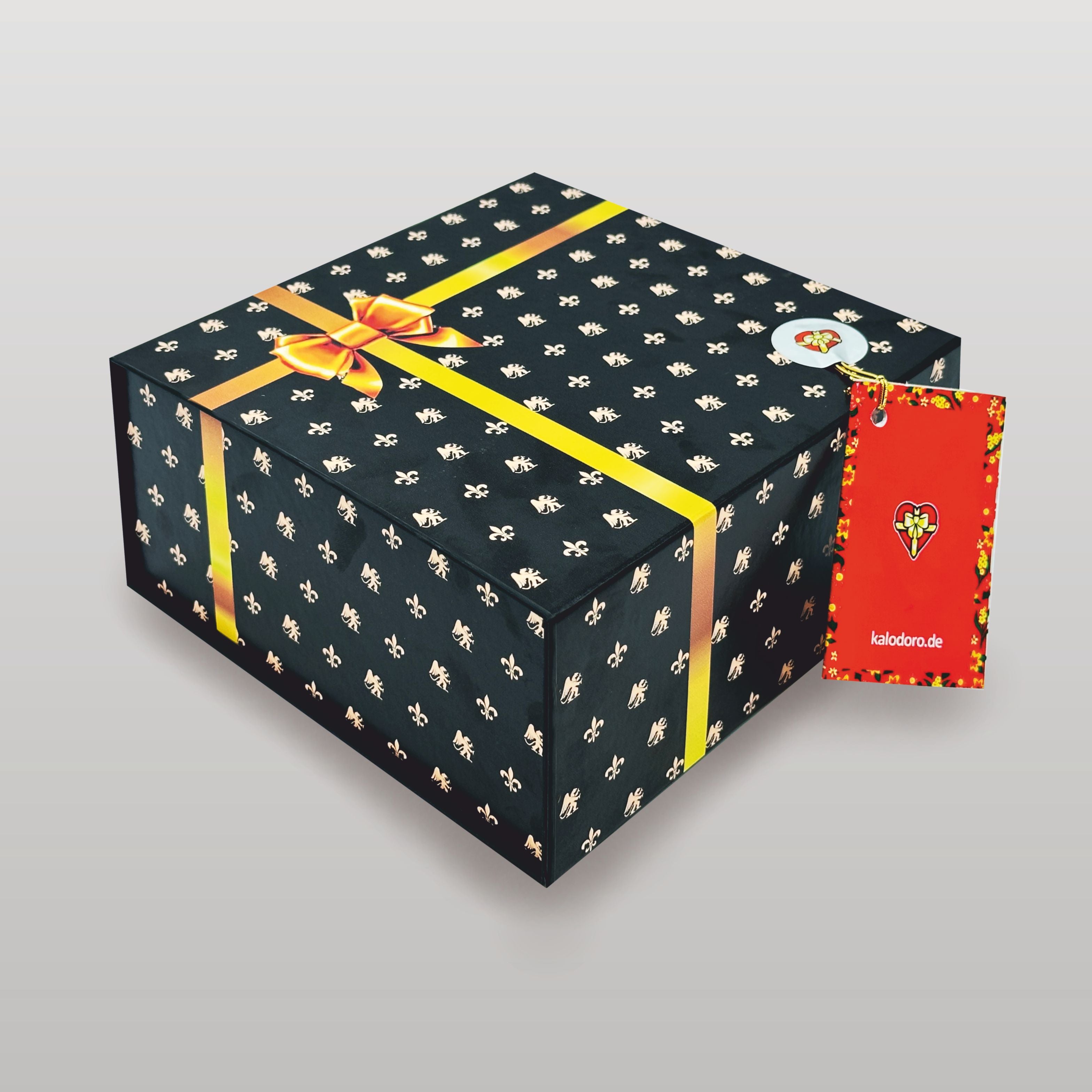 Magnetbox schwarz mit goldener Schleife und zartem Lilienmuster - groß