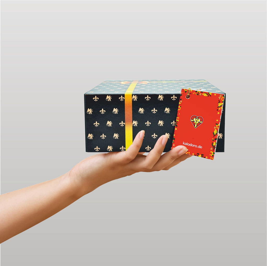 Magnetbox schwarz mit goldener Schleife und zartem Lilienmuster - groß