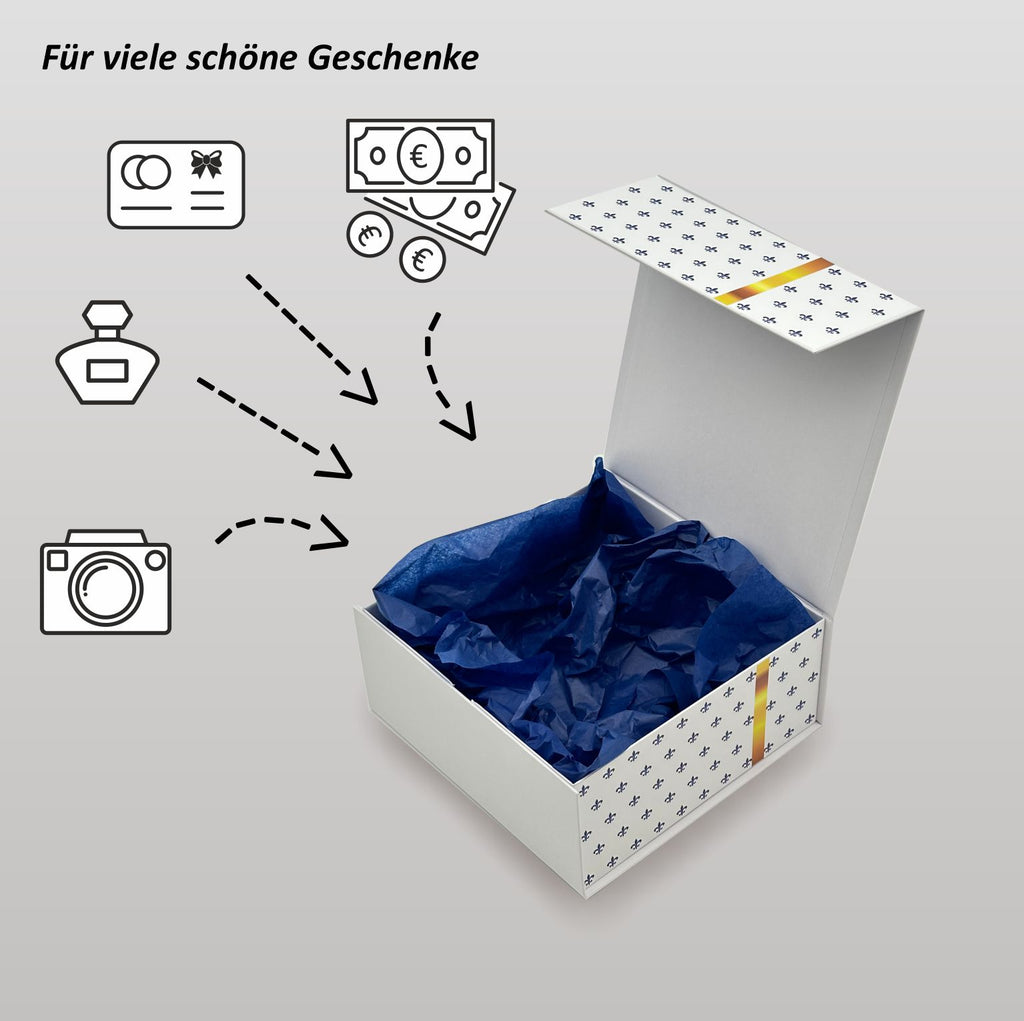 Magnetbox weiß mit goldener Schleife und zartem Lilienmuster