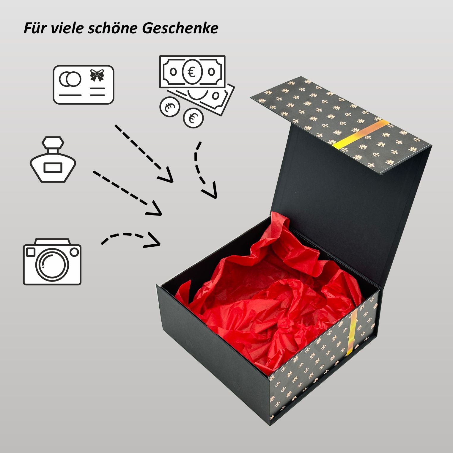 Magnetbox schwarz mit goldener Schleife und zartem Lilienmuster - groß