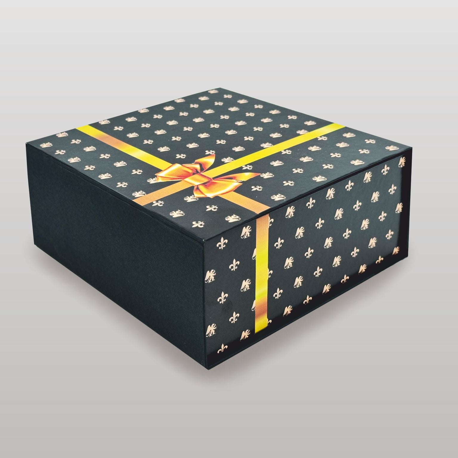 Magnetbox schwarz mit goldener Schleife und zartem Lilienmuster - groß