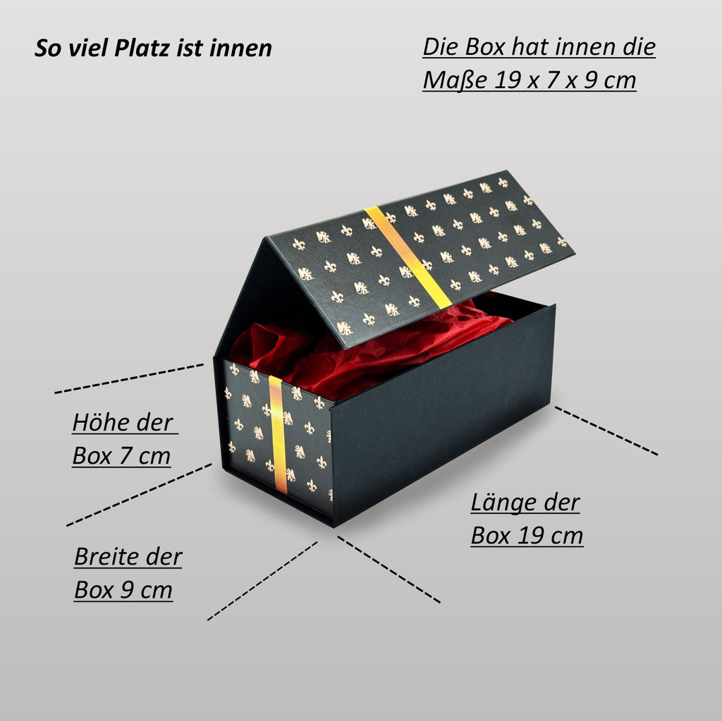 Magnetbox schwarz mit goldener Schleife und zartem Lilienmuster - klein