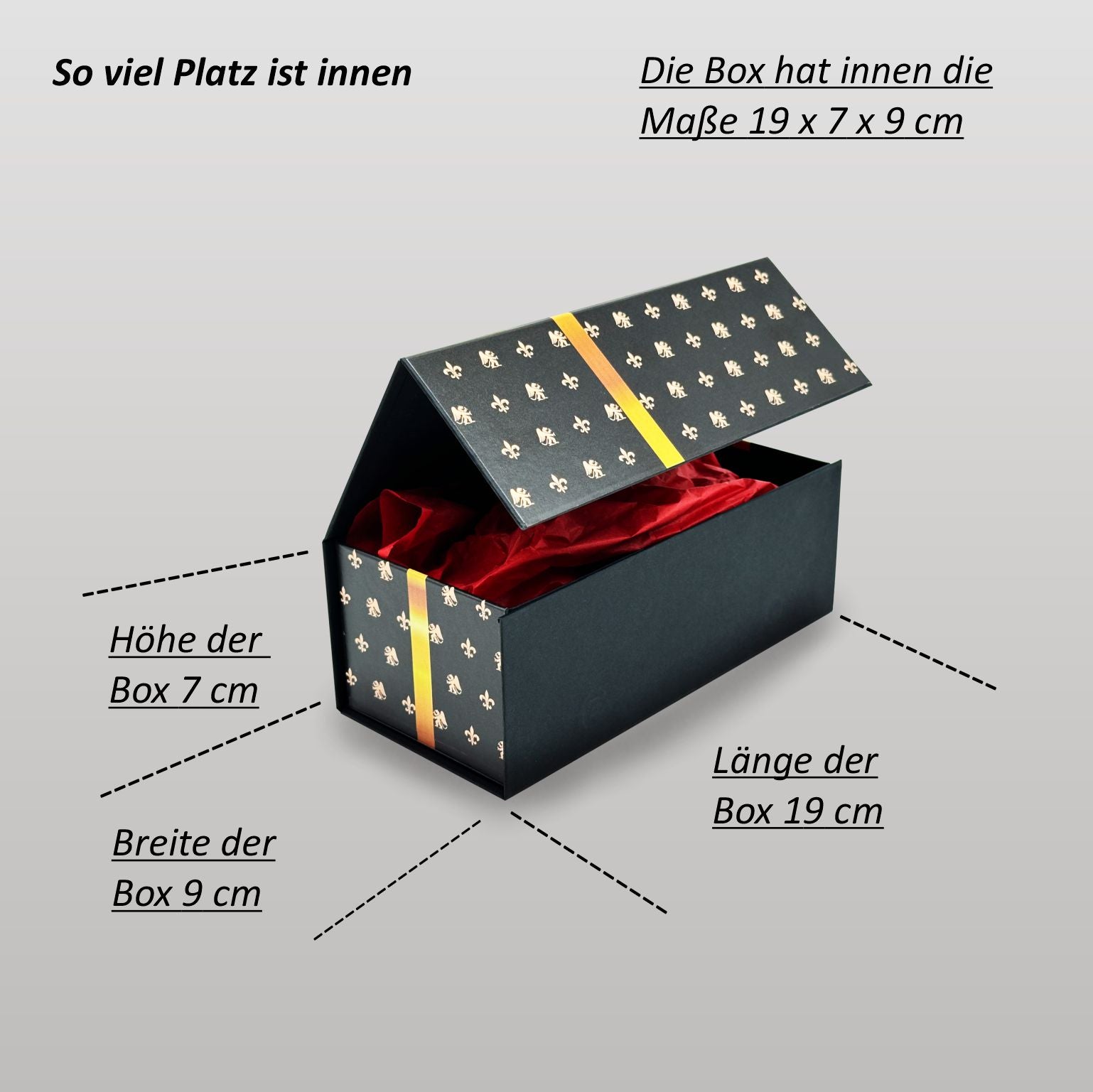 Magnetbox schwarz mit goldener Schleife und zartem Lilienmuster - klein