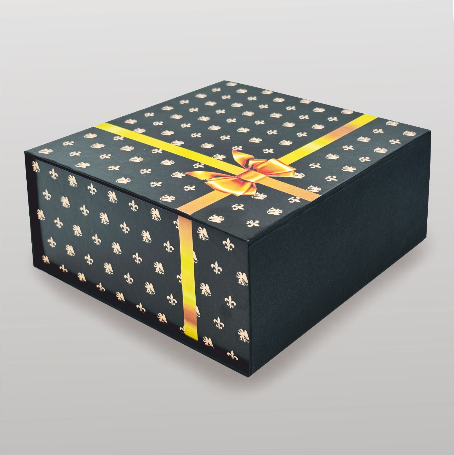 Magnetbox schwarz mit goldener Schleife und zartem Lilienmuster - groß