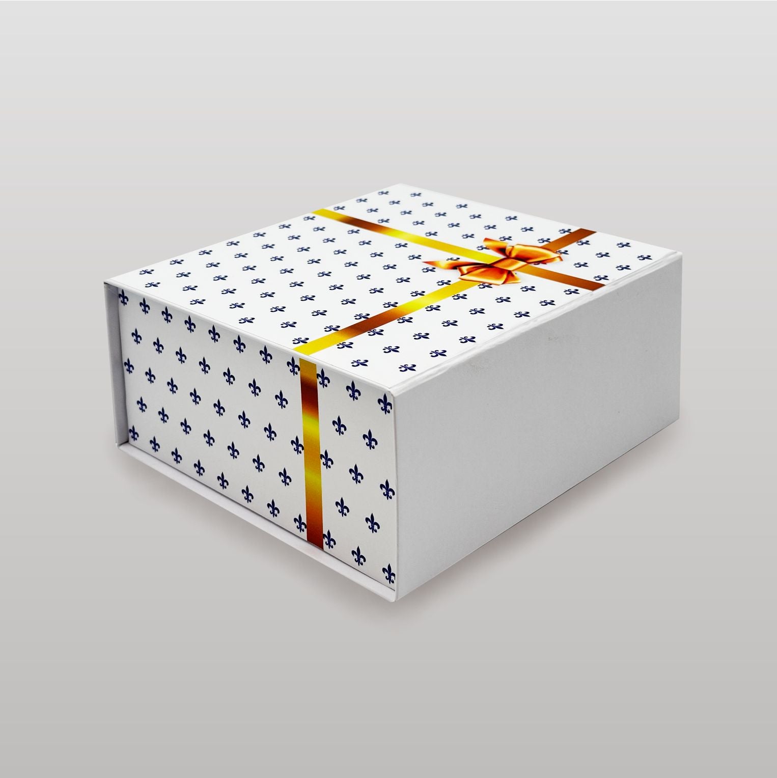 Magnetbox weiß mit goldener Schleife und zartem Lilienmuster