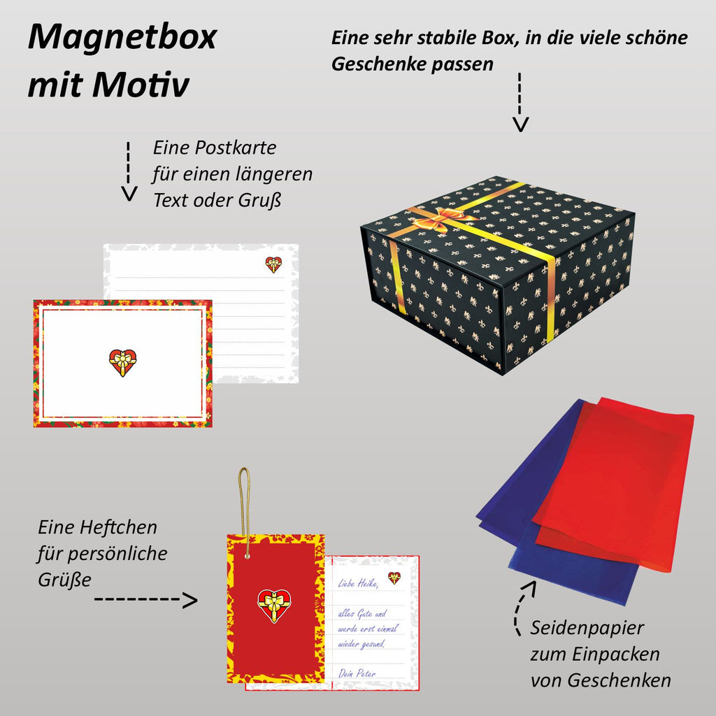 Magnetbox schwarz mit goldener Schleife und zartem Lilienmuster - groß