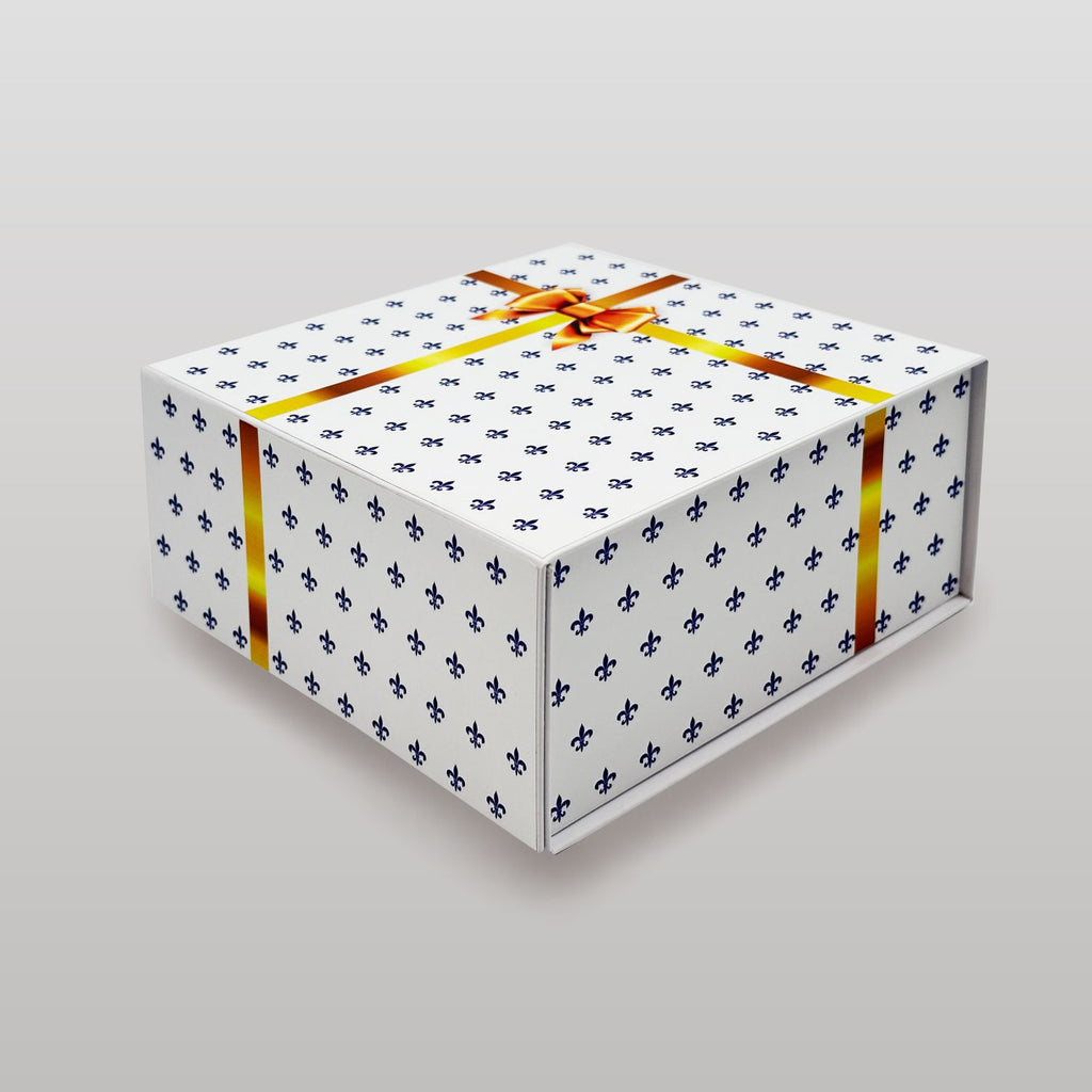 Magnetbox weiß mit goldener Schleife und zartem Lilienmuster
