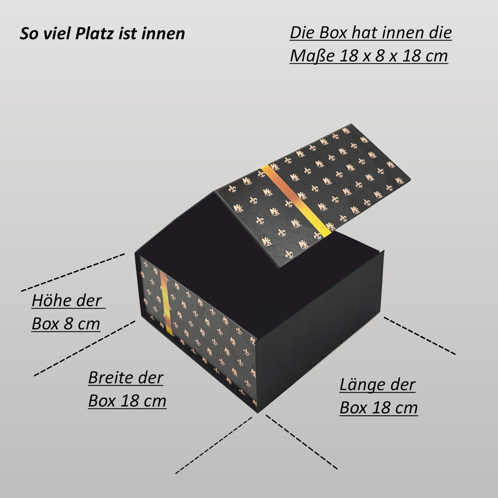 Magnetbox schwarz mit goldener Schleife und zartem Lilienmuster - groß