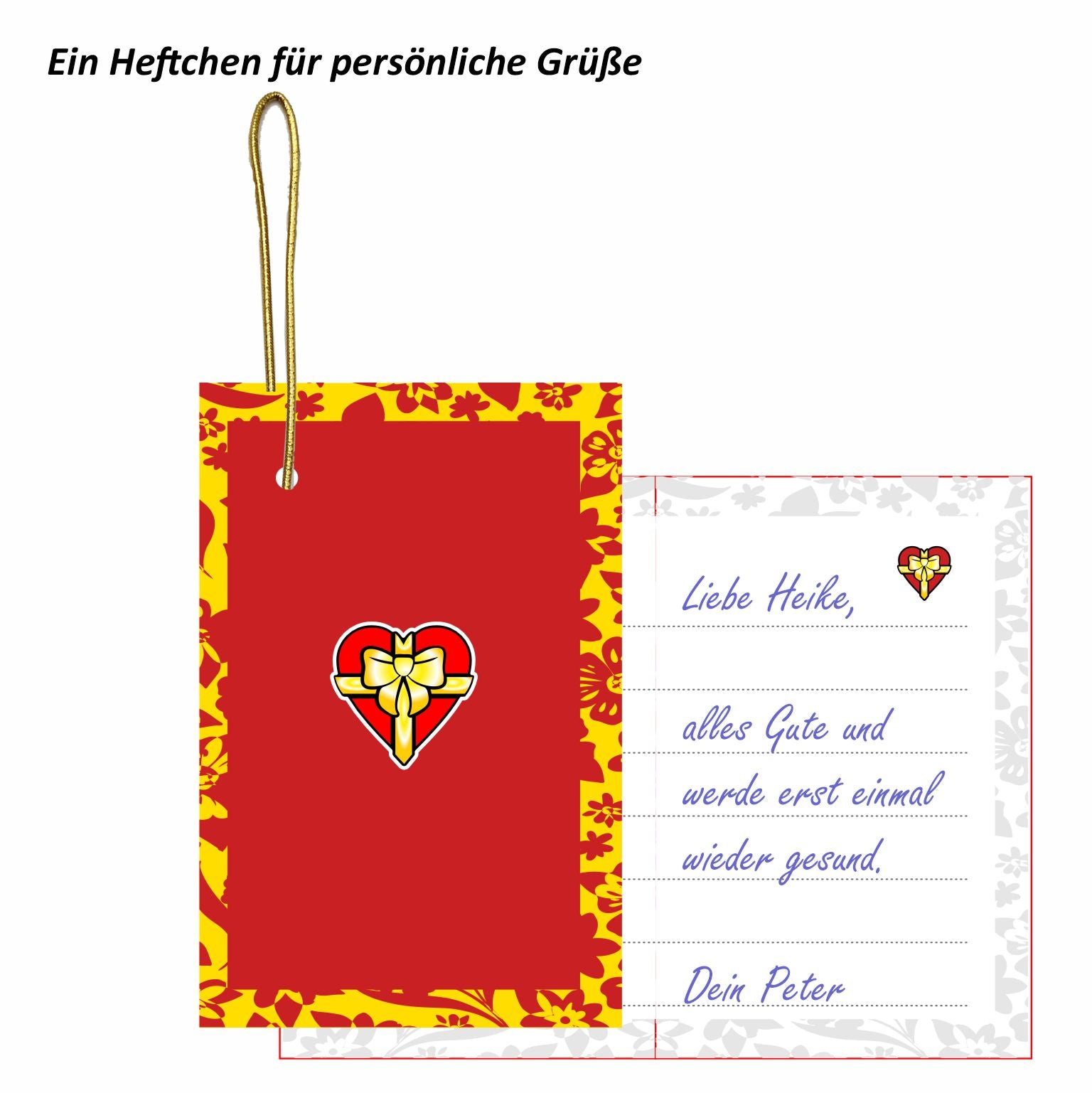 Kleines Grußheftchen mit goldener Aufhängung, rote Titelseite mit Herz-Illustration, innen Platz für persönliche Worte und handgeschriebene Grüße.