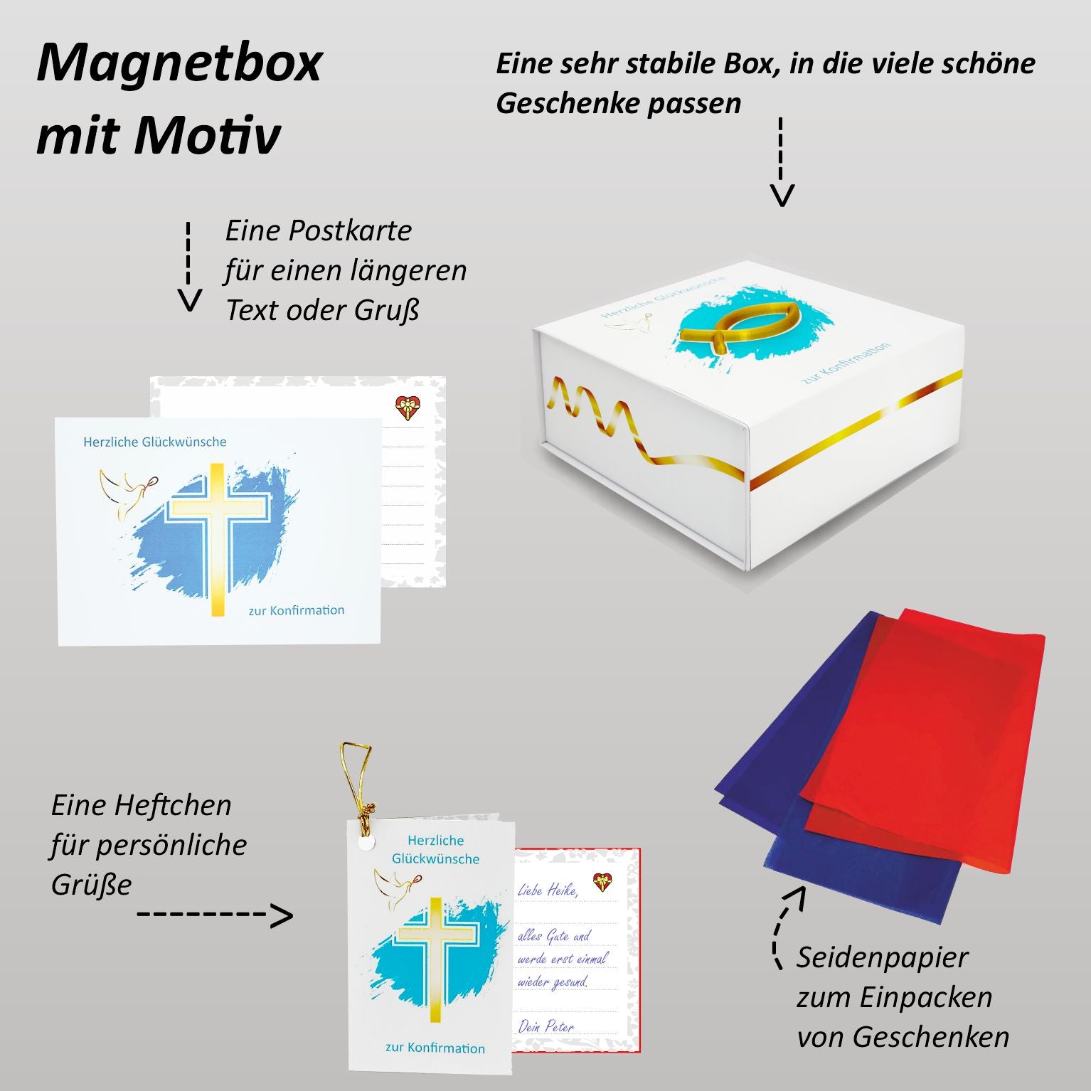 Weiße Magnet-Geschenkbox zur Konfirmation mit goldenem 3D-Fischsymbol auf türkisfarbenem Hintergrund. Daneben sind die enthaltenen Bestandteile abgebildet: eine Postkarte für längere Grüße, ein kleines Heftchen für persönliche Worte und farbiges Seidenpapier zum Einpacken von Geschenken.