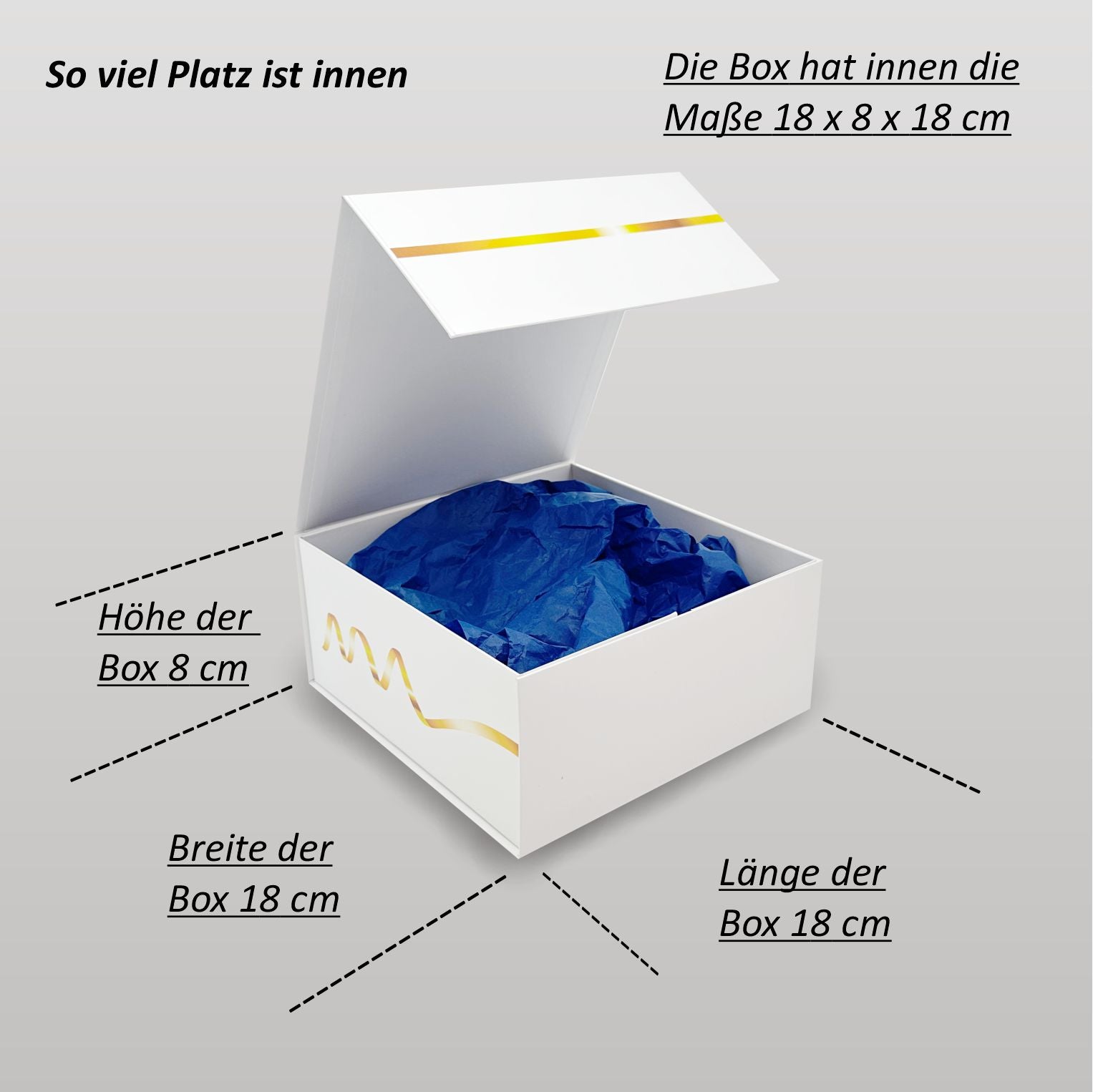 Weiße Magnet-Geschenkbox zur Konfirmation mit geöffnetem Deckel. Im Inneren liegt blaues Seidenpapier. Pfeile zeigen die Maße der Box: Länge 18 cm, Breite 18 cm und Höhe 8 cm.