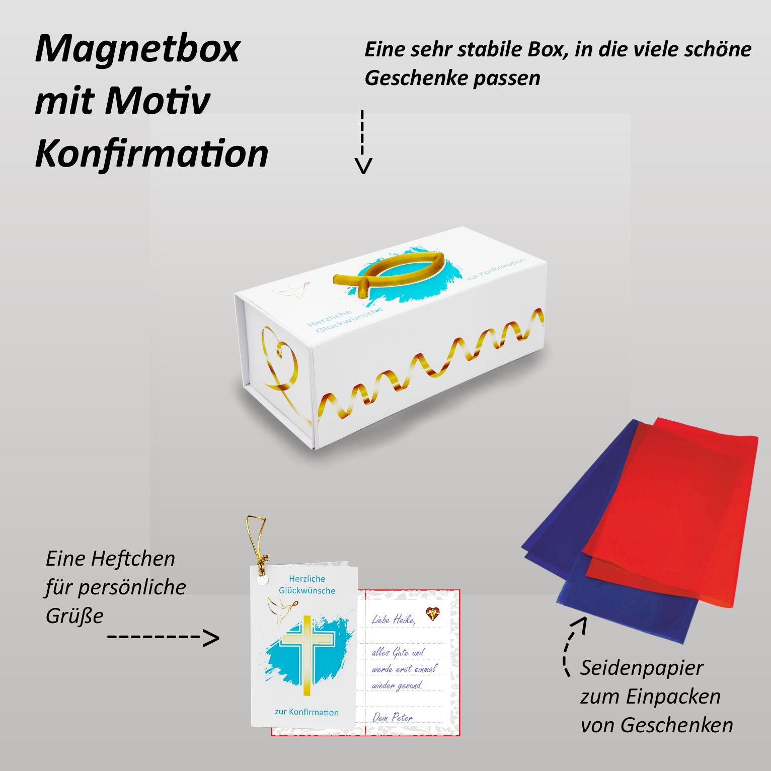 Weiße rechteckige Magnet-Geschenkbox zur Konfirmation mit goldenem Fischsymbol und türkisen Farbakzenten. Daneben liegen rotes und blaues Seidenpapier sowie ein kleines Heftchen mit Kreuzmotiv für persönliche Glückwünsche.