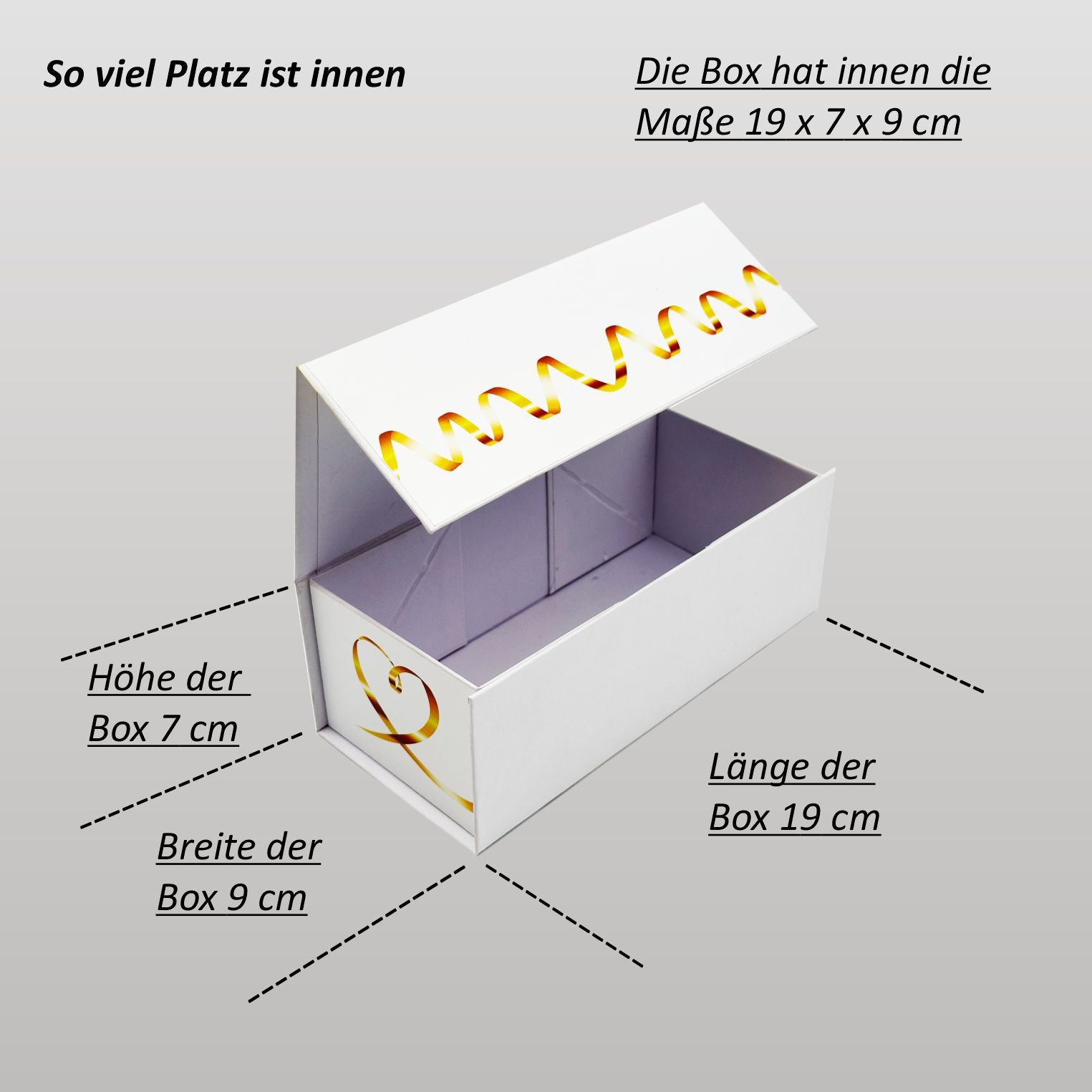 Geöffnete weiße Magnet-Geschenkbox zur Konfirmation mit rechteckiger Form. Innen ist die Box hell und leer, außen mit goldener Wellenlinie verziert. Die Innenmaße betragen etwa 19 × 9 × 7 cm.