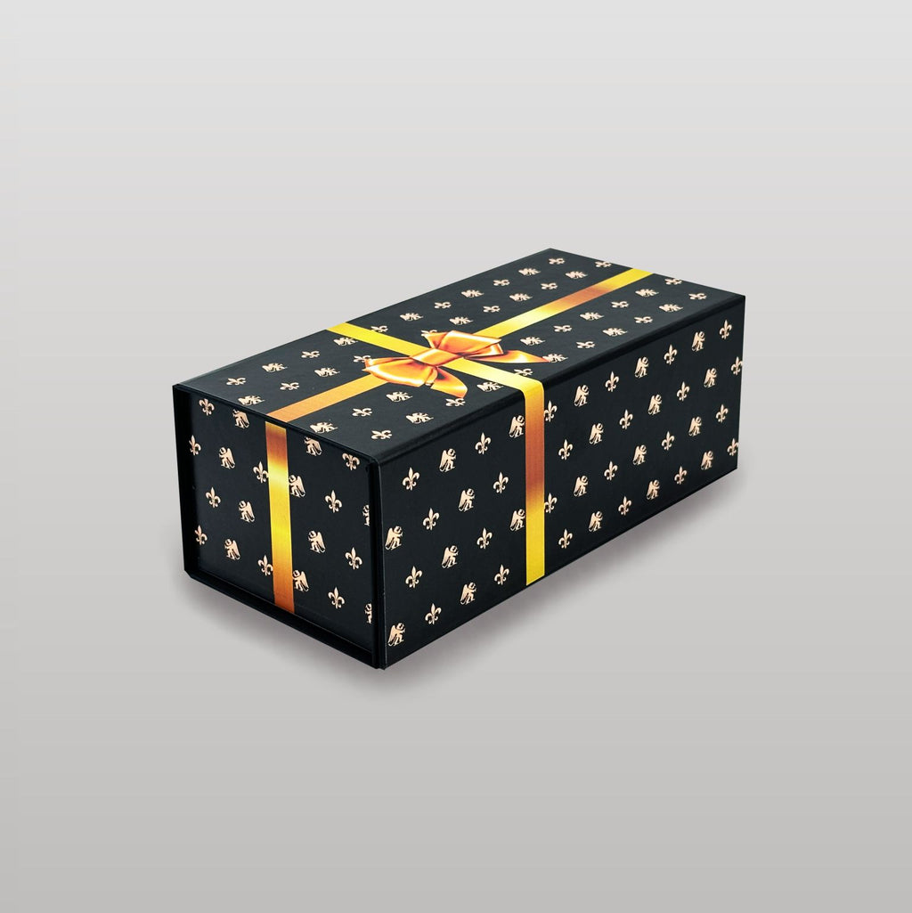 Magnetbox schwarz mit goldener Schleife – elegante Geschenkverpackung mit Lilienmuster und Magnetverschluss