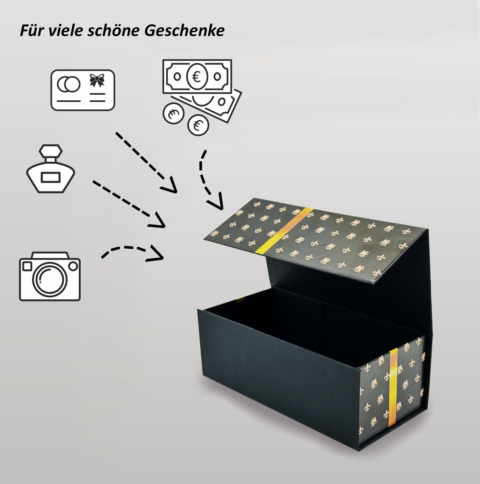 Magnetbox schwarz mit goldener Schleife geöffnet – Geschenkbox für Geld, Gutschein, Parfum oder kleine Geschenke
