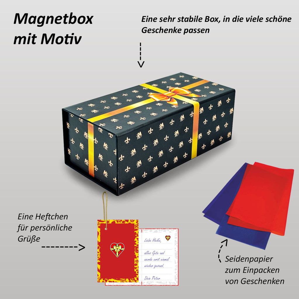 Magnetbox schwarz mit goldener Schleife und Lilienmuster mit Zubehör: Seidenpapier und Heftchen für persönliche Grüße