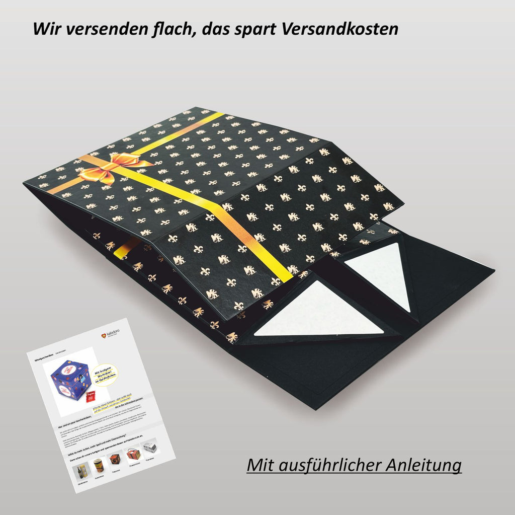Magnetbox schwarz mit goldener Schleife flach liegend – platzsparende Lieferung der Geschenkbox mit Magnetverschluss. Einfacher Aufbau
