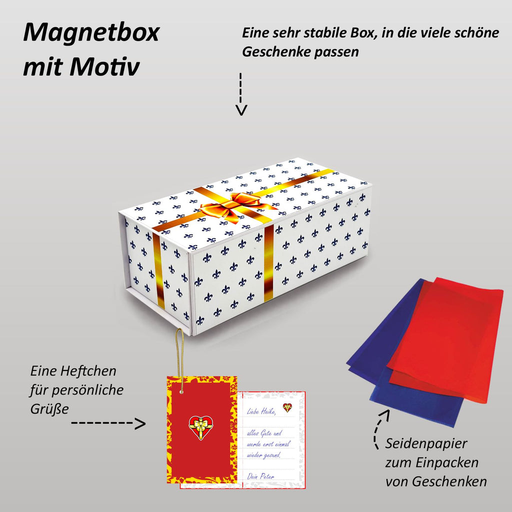 Magnetbox weiß mit goldener Schleife und Lilienmuster mit Zubehör: Seidenpapier und Heftchen für persönliche Grüße
