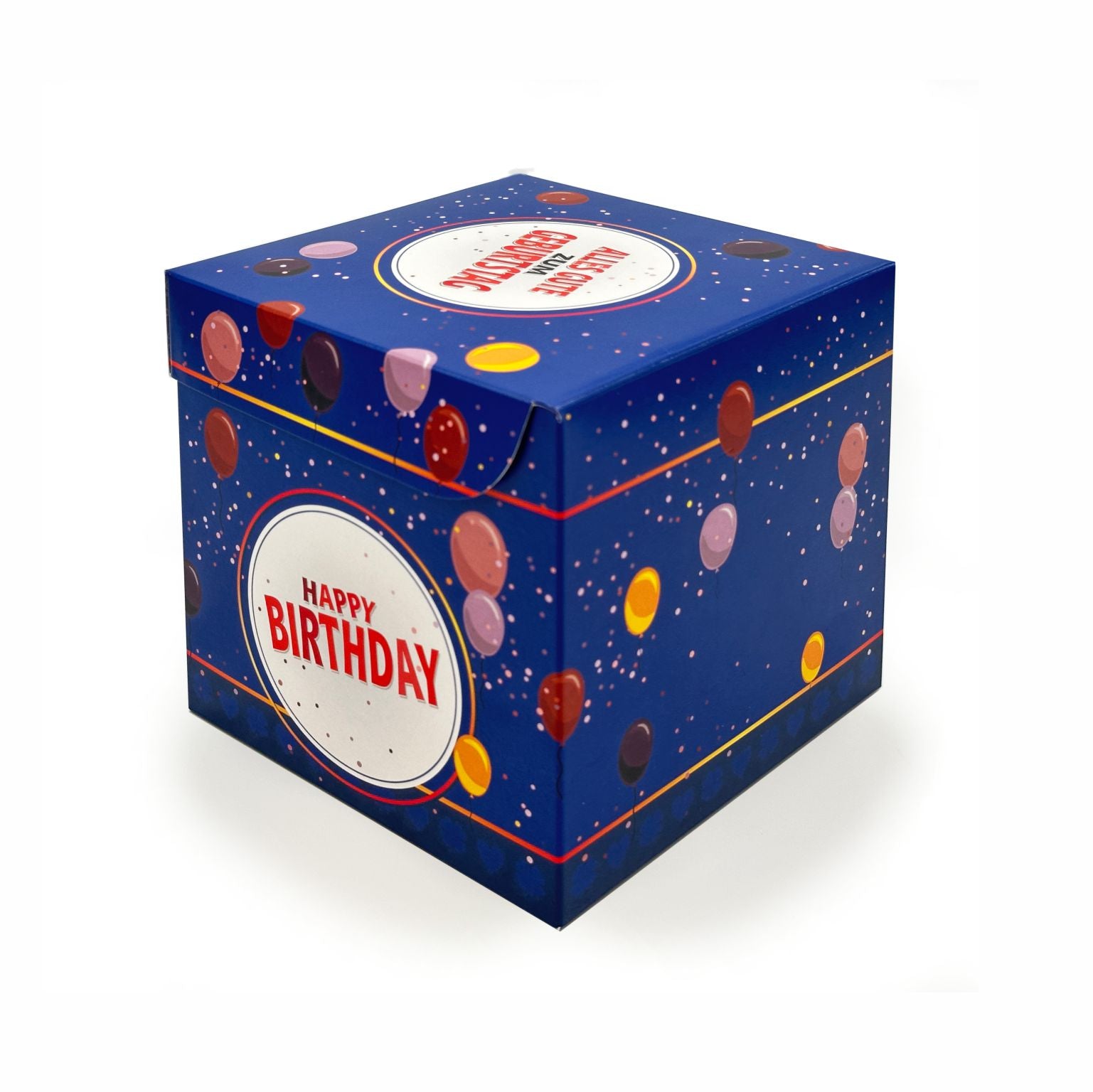 Blaue Rätselbox Geburtstag mit Ballonmotiv und Schriftzug ‚Happy Birthday‘ auf weißem Hintergrund.