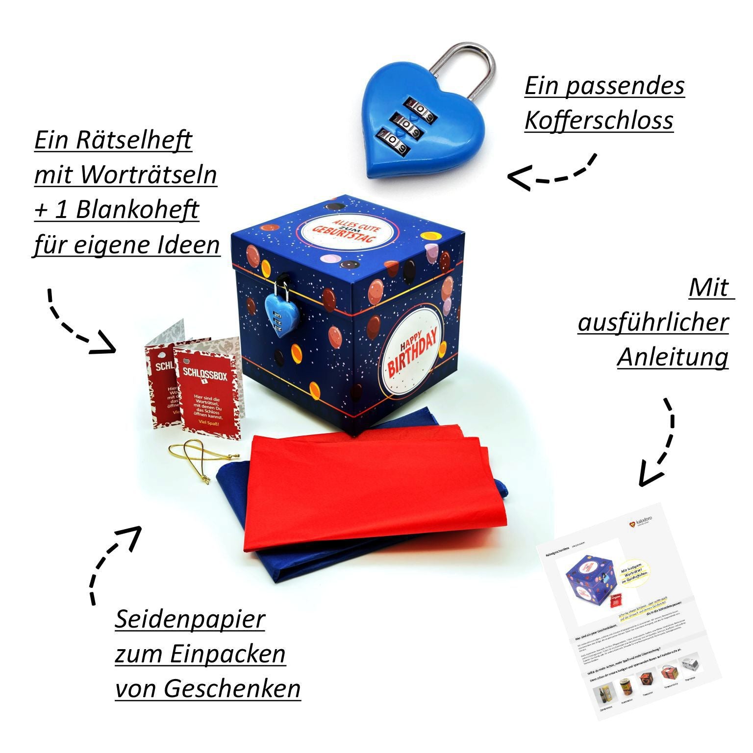 Lieferumfang der Rätselbox Geburtstag mit Herz-Zahlenschloss, Rätselheft, Blankoheft, Seidenpapier und Anleitung auf weißem Hintergrund.
