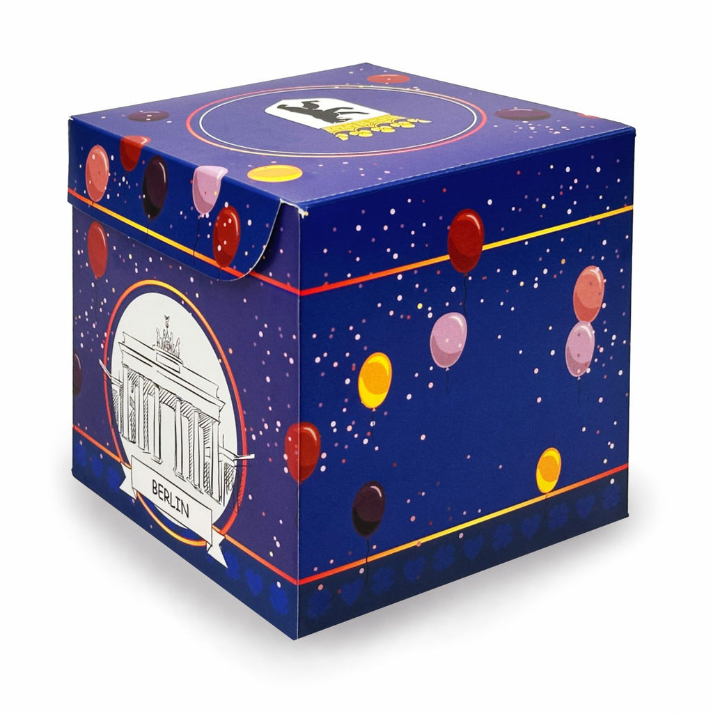 Rätselbox Geburtstag Berlin im Ballon-Design mit Motiv des Brandenburger Tors als kreative Geschenkverpackung für Geldgeschenke.