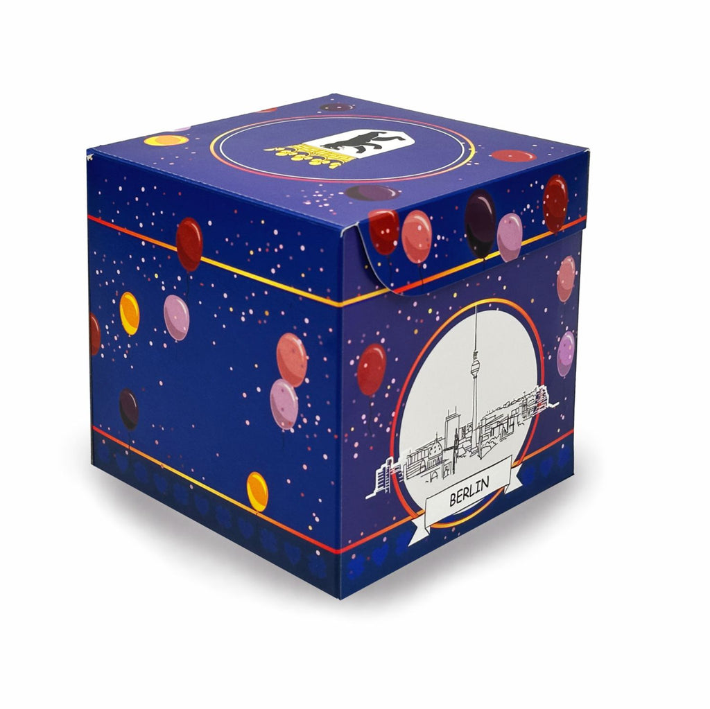 Rätselbox Geburtstag Berlin im Ballon-Design mit Motiv der Berliner Skyline mit dem Fernsehturm als kreative Geschenkverpackung für Geldgeschenke.