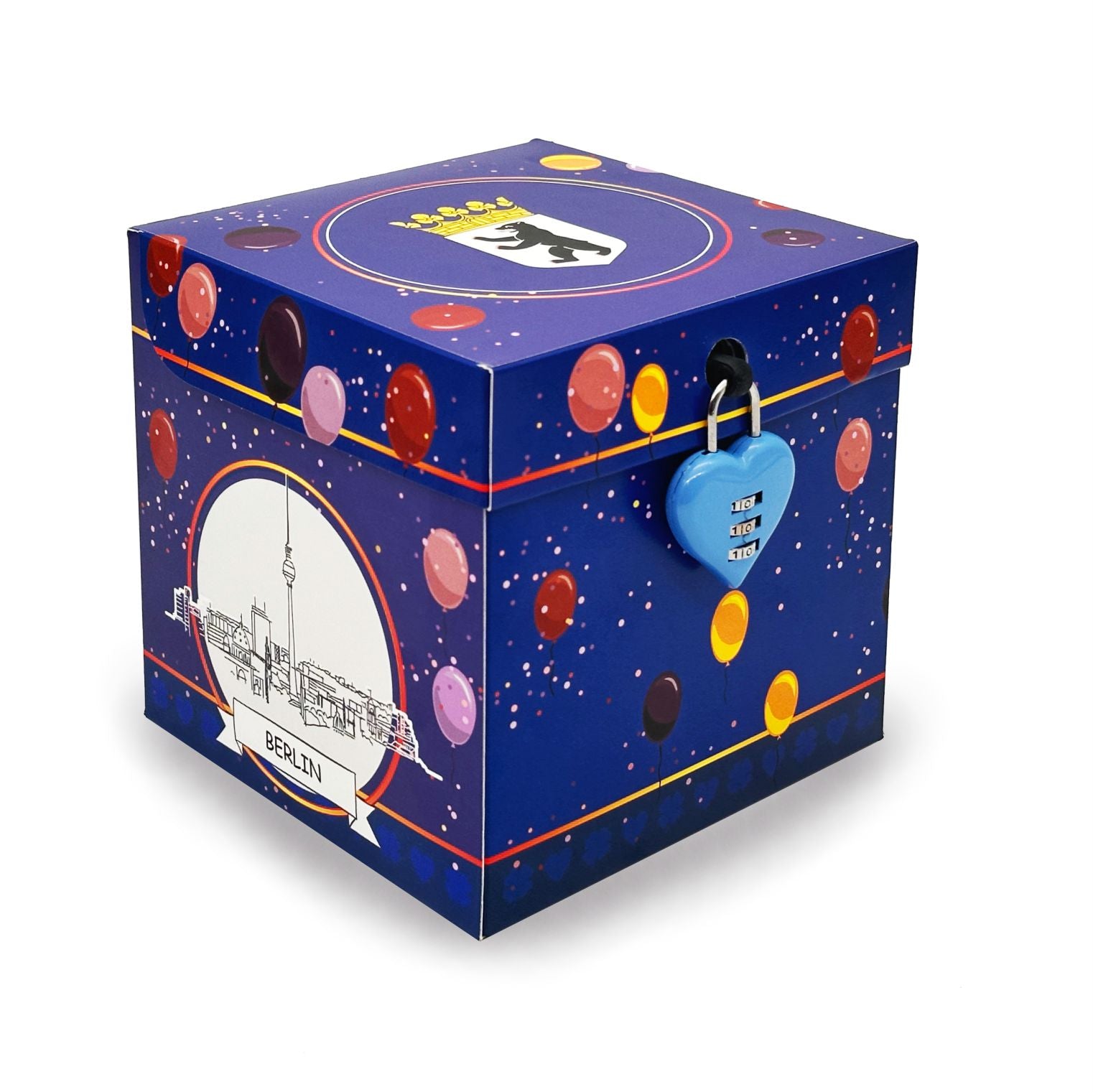 Rätsel-Geschenkbox Geburtstag Berlin im Ballon-Design mit Berliner Skyline und Herz-Zahlenschloss.