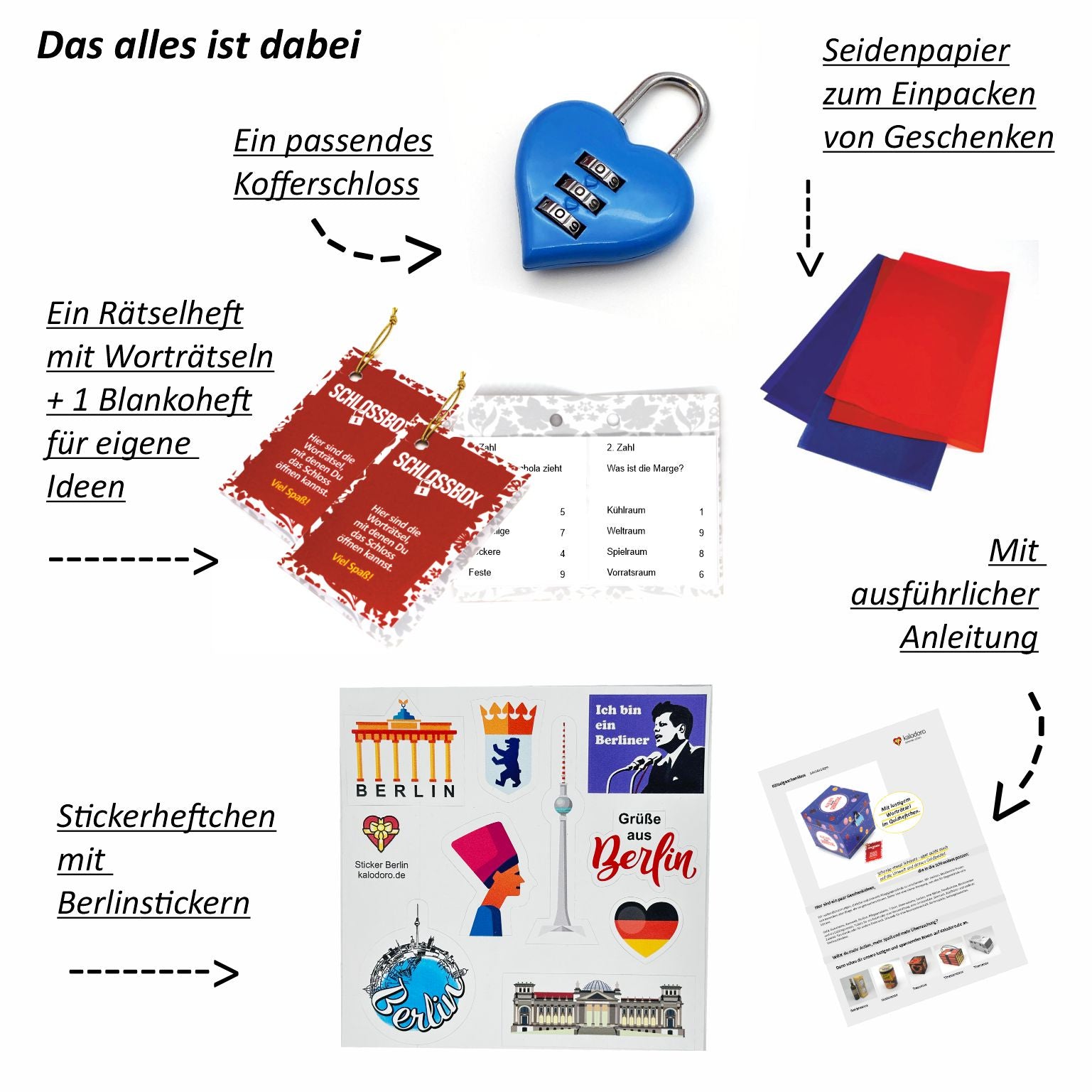 Komplettes Zubehör der Rätselbox Geburtstag Berlin mit Herz-Zahlenschloss, Rätselheft, Stickerheft mit Berlin-Motiven, Seidenpapier und Anleitung.