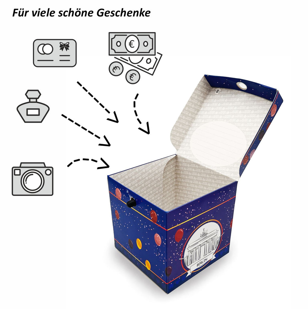 Offene Rätsel-Geschenkbox Geburtstag Berlin mit Platz für Geldgeschenke, Gutscheine oder kleine Präsente.