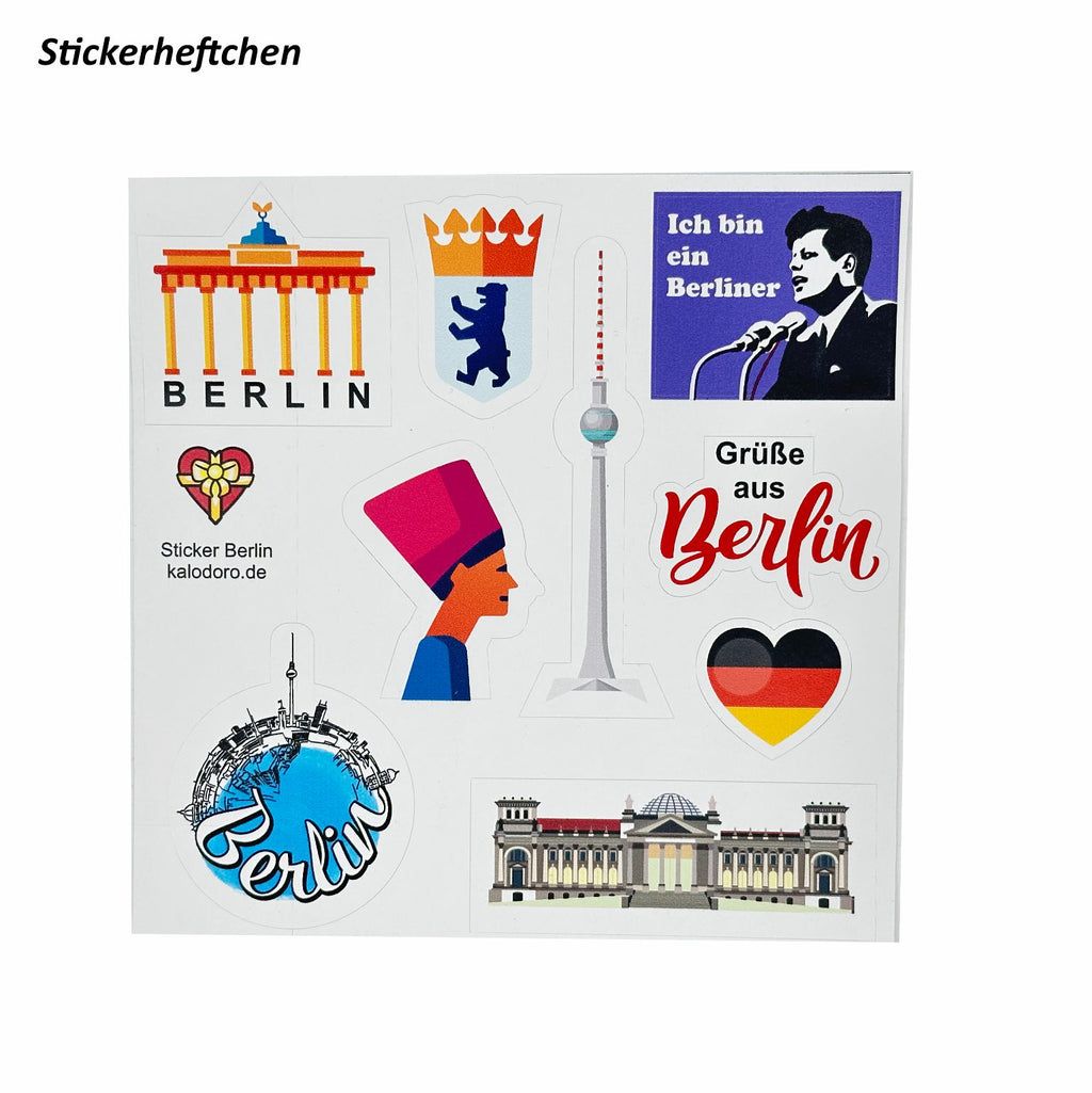 Stickerheft mit Berlin-Motiven wie Brandenburger Tor, Fernsehturm, Berliner Bär und Schriftzug ‚Grüße aus Berlin‘.