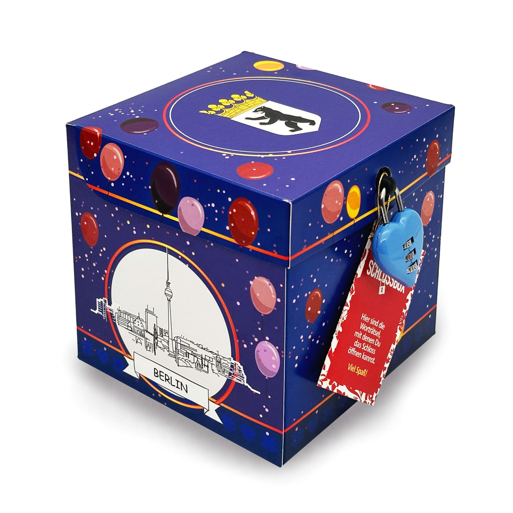 Rätselbox Geburtstag Berlin im blauen Ballon-Design mit Berliner Skyline, Bärenwappen und Herz-Zahlenschloss und Schriftzug Berlin.
