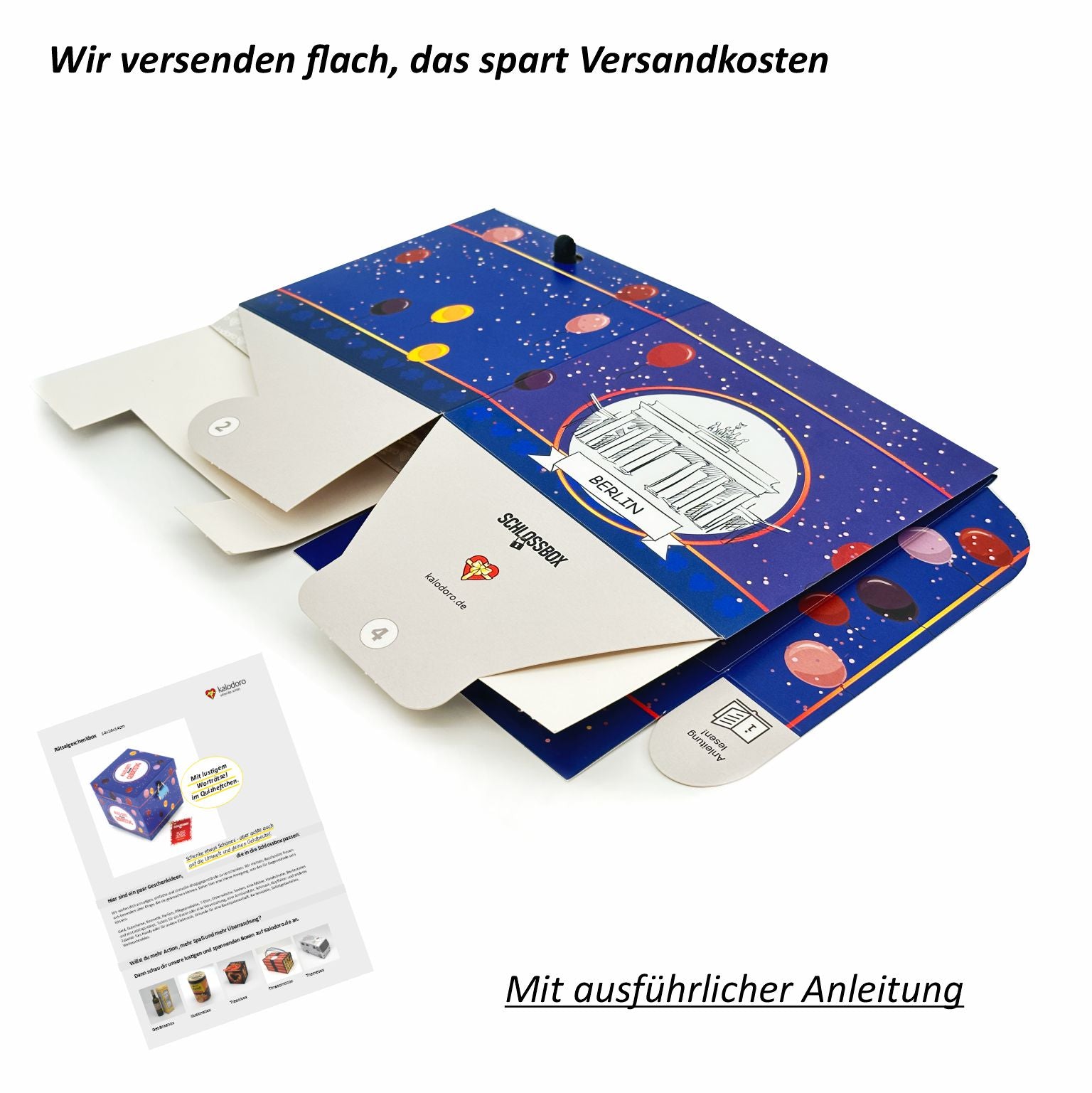 Rätselbox Geburtstag Berlin im Ballon-Design wird flach versendet, platzsparender Versand mit Aufbauanleitung.