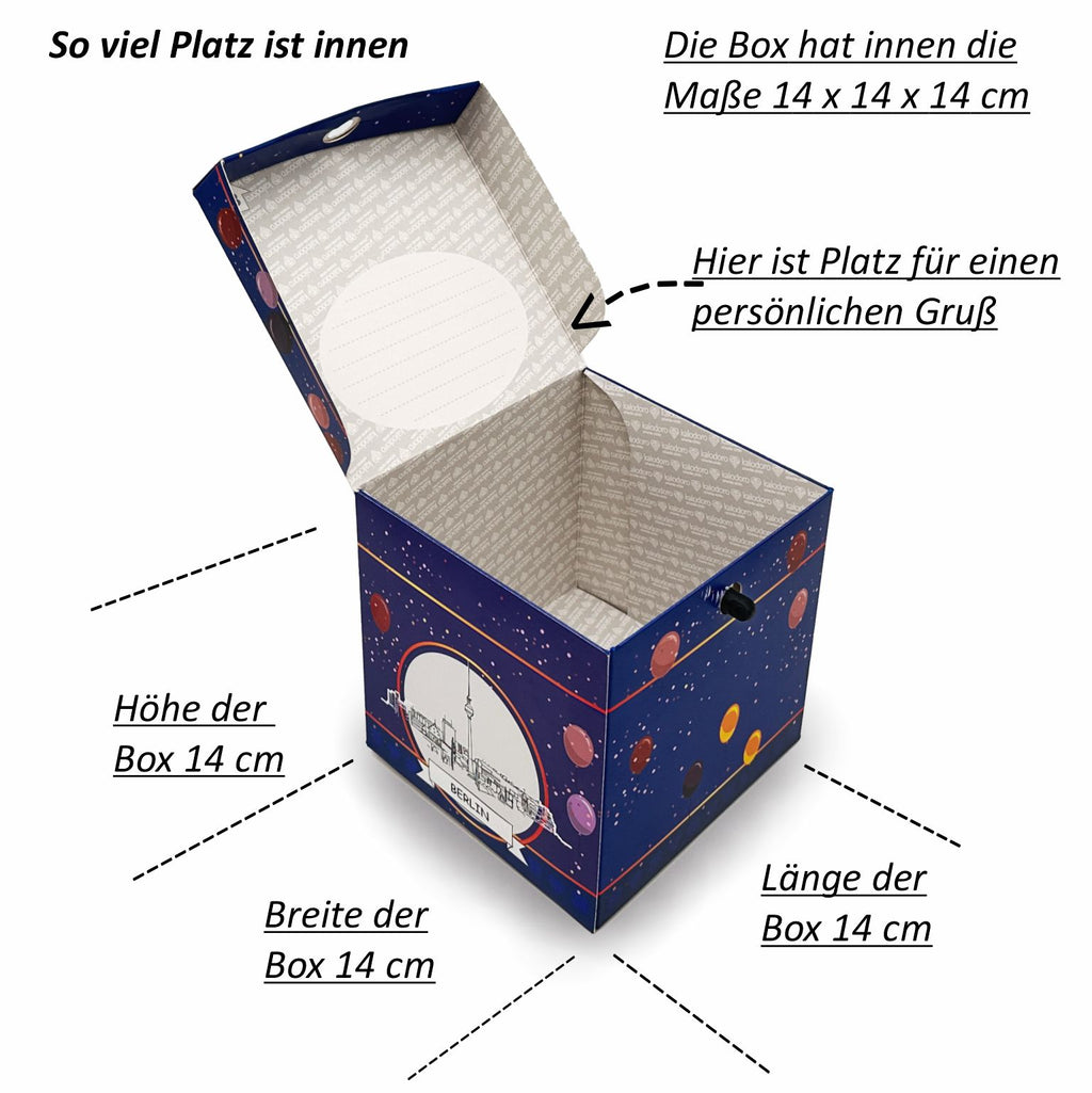 Offene Rätselbox Geburtstag Berlin im Ballon-Design mit Innenmaß 14 x 14 x 14 cm und Platz für Geldgeschenke, Gutscheine oder kleine Geschenke. Im Deckel ist Platz für einen persönlichen Gruß.