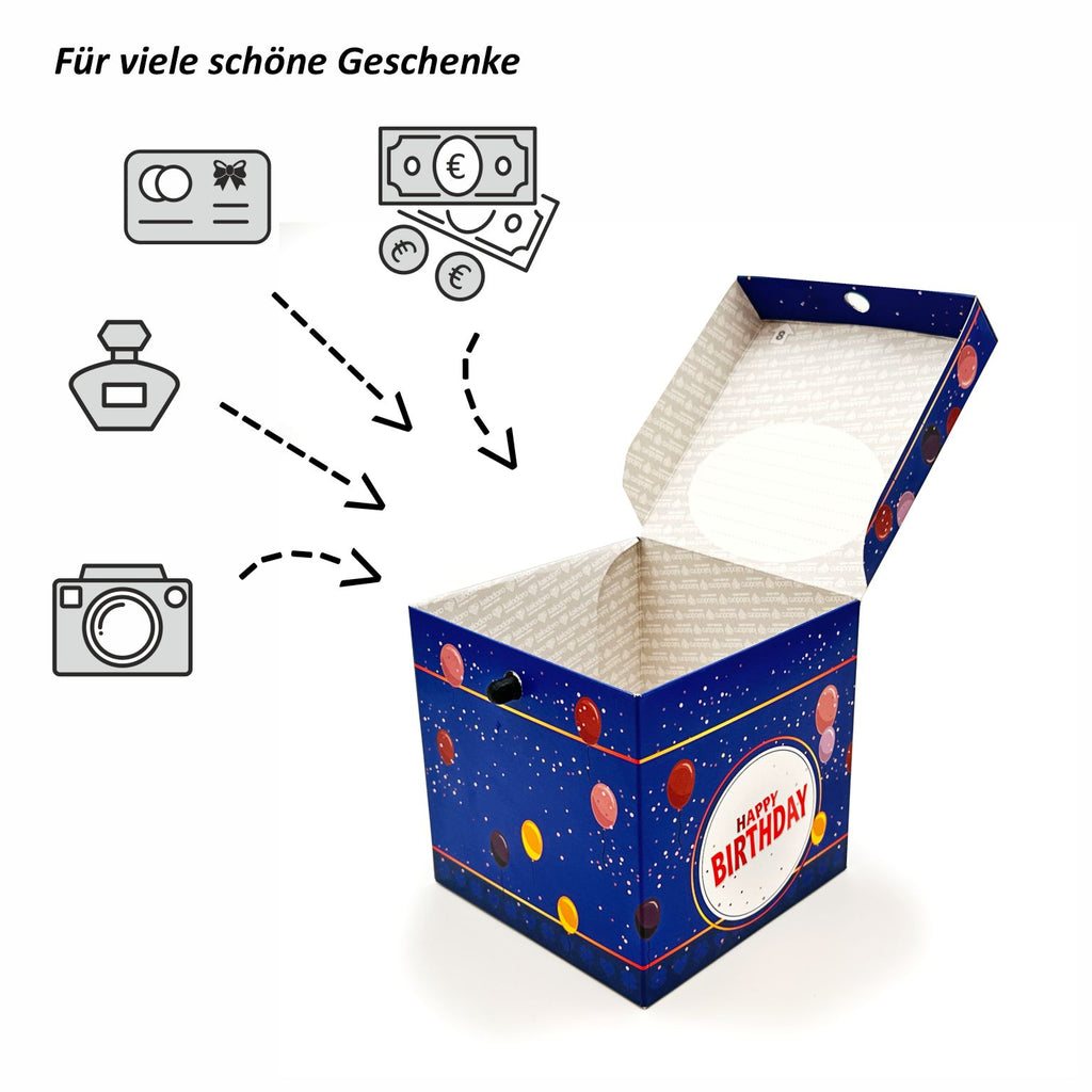 Geöffnete blaue Rätselbox Geburtstag mit Ballonmotiv und Symbolgrafiken für Geldgeschenke und kleine Geschenke auf weißem Hintergrund.