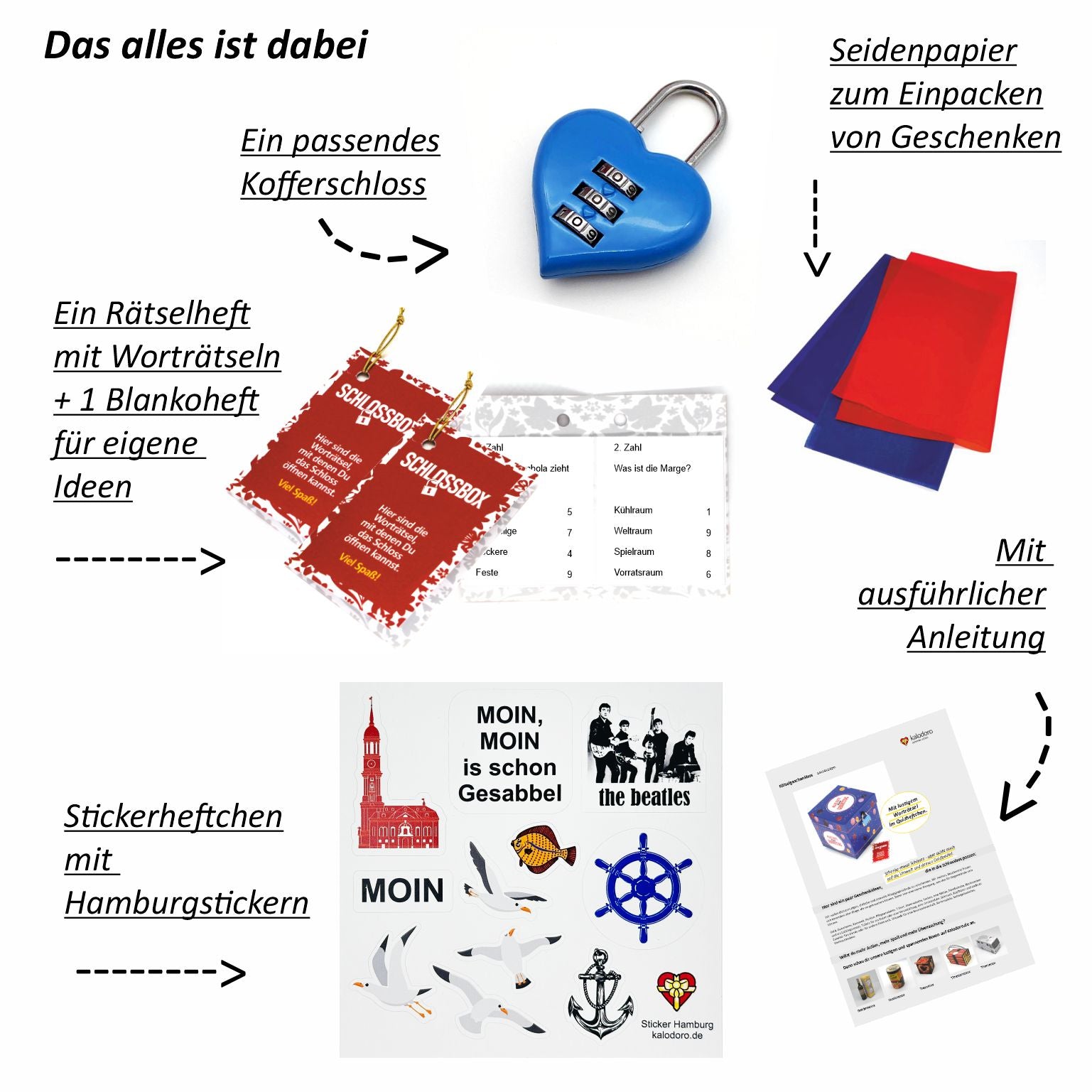 Komplette Ausstattung der Rätselbox Geburtstag Hamburg mit blauem Herz-Zahlenschloss, Rätselheft mit Wort­rätseln, Blankoheft für eigene Ideen, Seidenpapier zum Einpacken, Hamburg-Sticker und ausführlicher Anleitung.
