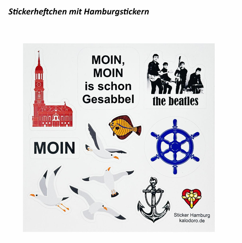 Stickerheftchen mit Hamburg-Motiven für die Rätselbox Geburtstag Hamburg, darunter Moin-Schriftzug, Möwen, Anker, Steuerrad, Fisch, St.-Michaelis-Kirche und Beatles-Motiv.
