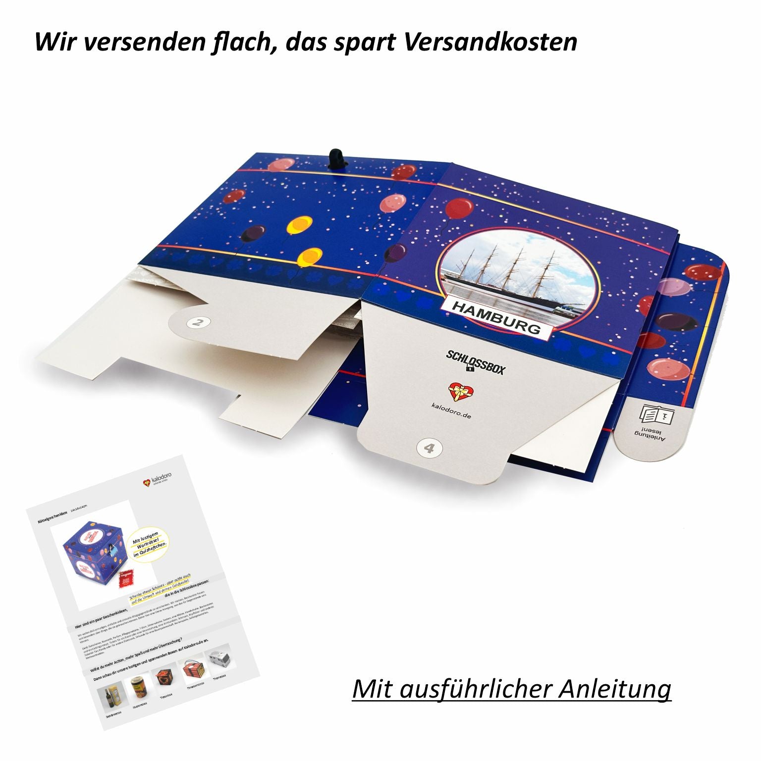 Rätselbox Geburtstag Hamburg flach liegend, platzsparender Versand mit Aufbauanleitung für die Geschenkbox mit Zahlenschloss.