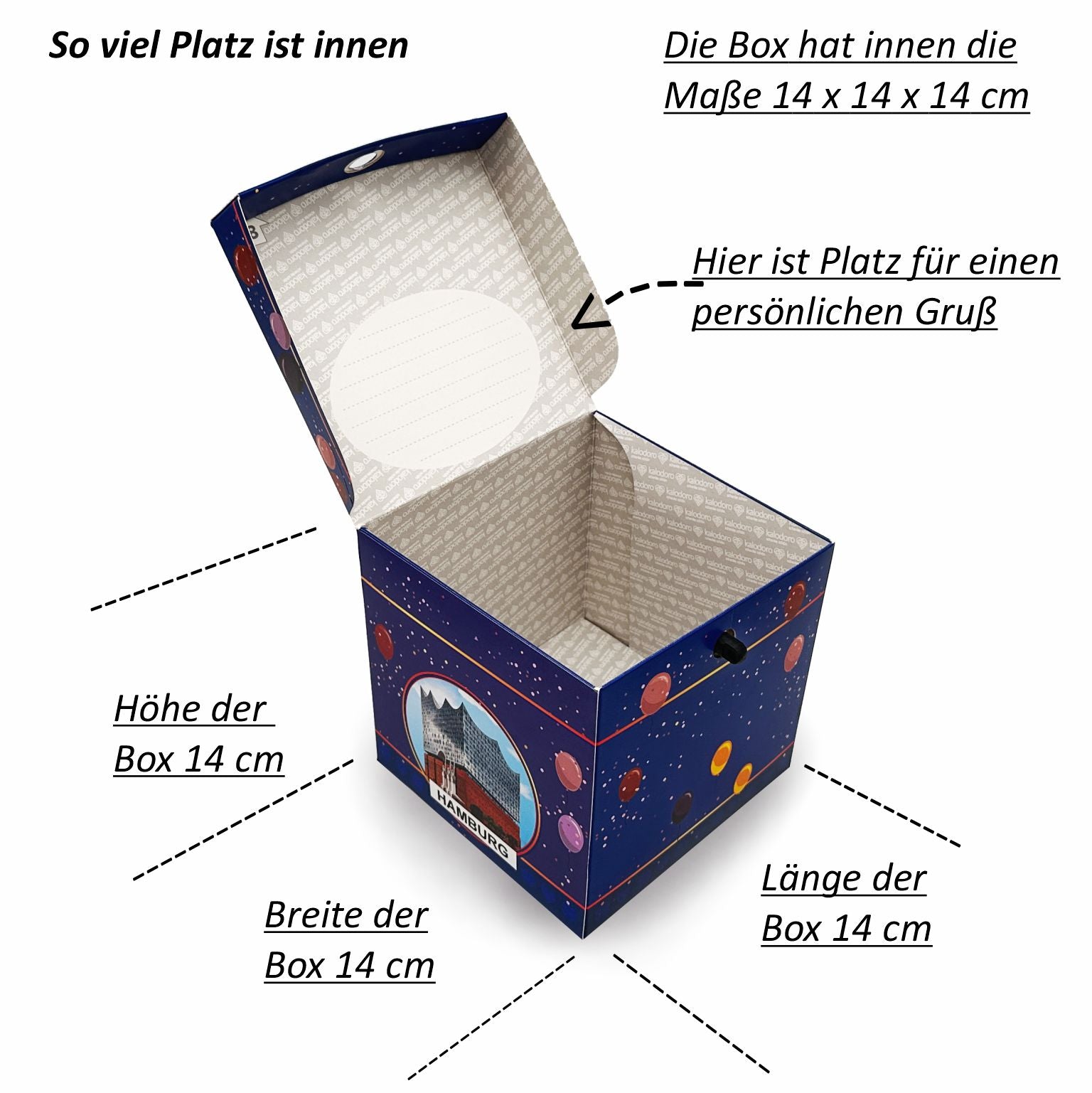 Geöffnete Rätselbox Geburtstag Hamburg mit Innenmaß 14 x 14 x 14 cm, Platz für Geldgeschenke oder Gutscheine. Im Deckel ist Platz für persönliche Grüße.
