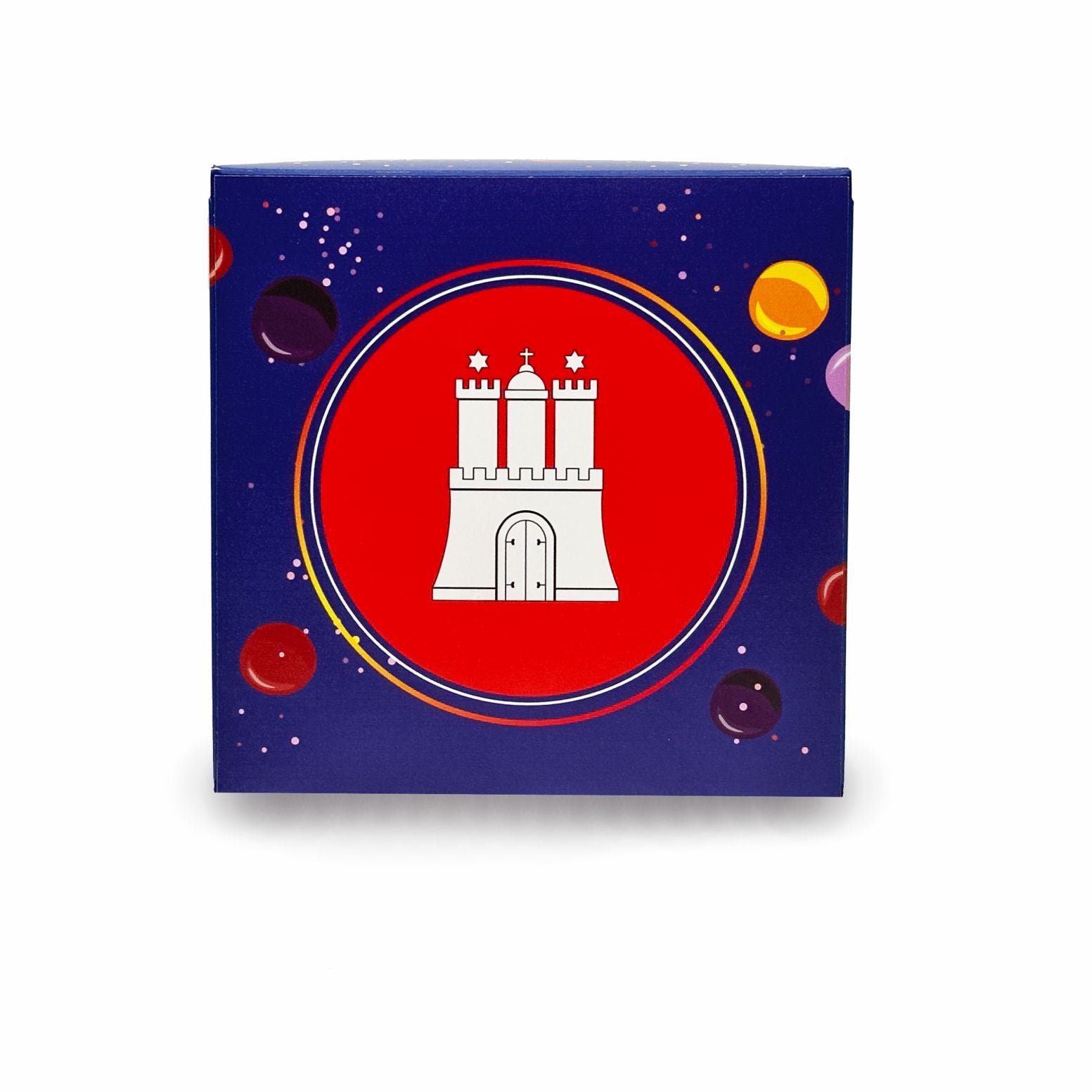Deckel der Rätselbox Geburtstag Hamburg im blauen Ballon-Design mit Hamburger Wappen als Motiv.