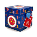 Rätsel-Geschenkbox Geburtstag im blauen Ballon-Design mit Motiv der Lippischen Rose, verschlossen mit blauem Herz-Zahlenschloss und anhängender Rätselkarte zum Öffnen der Box.