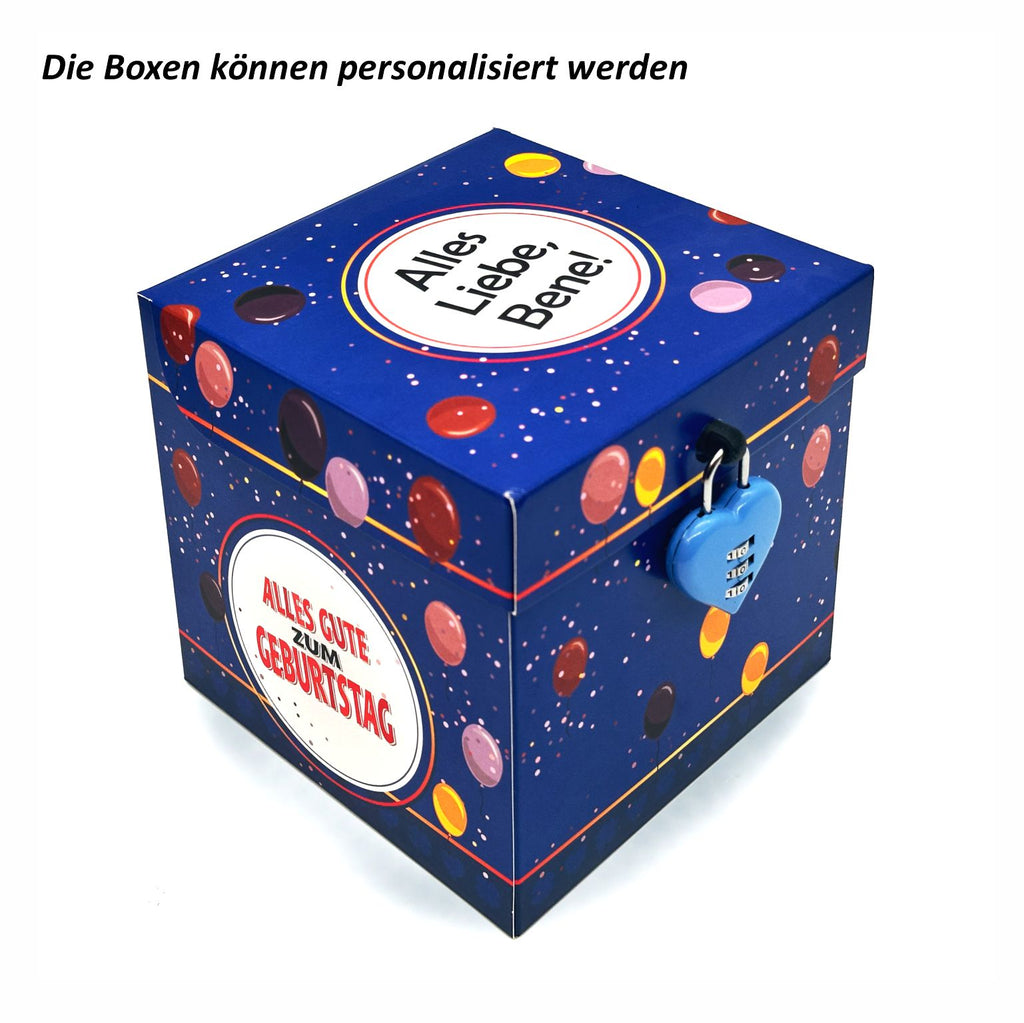 Personalisierte Rätselbox Geburtstag in Blau und Ballonmotiv mit individuellem Deckelaufdruck -Alles Liebe, Bene! - und Herz-Zahlenschloss auf weißem Hintergrund.