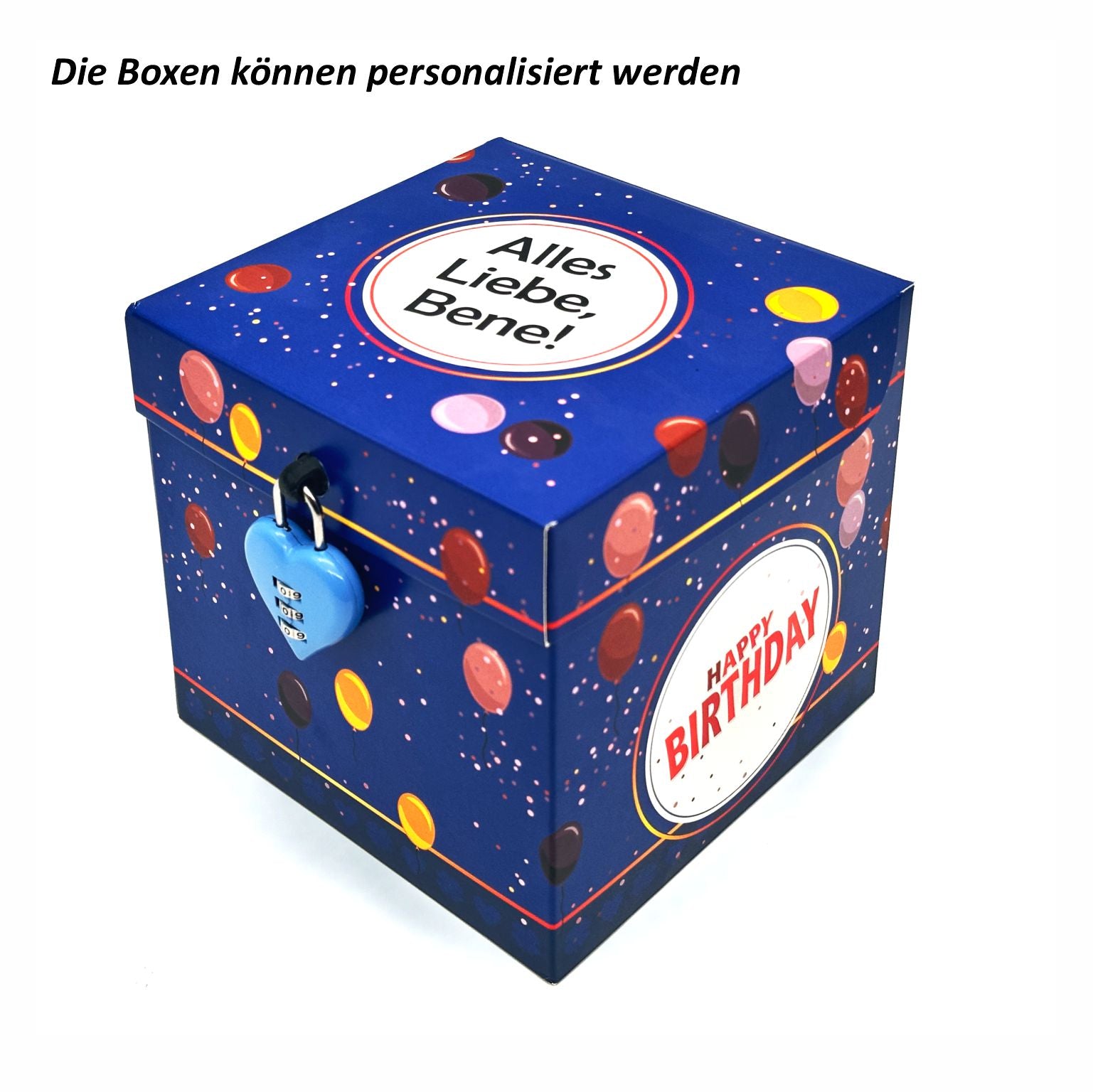 Personalisierte Rätselbox Geburtstag in Blau und Ballonmotiv mit individuellem Deckelaufdruck -Alles Liebe, Bene! - und Herz-Zahlenschloss auf weißem Hintergrund.