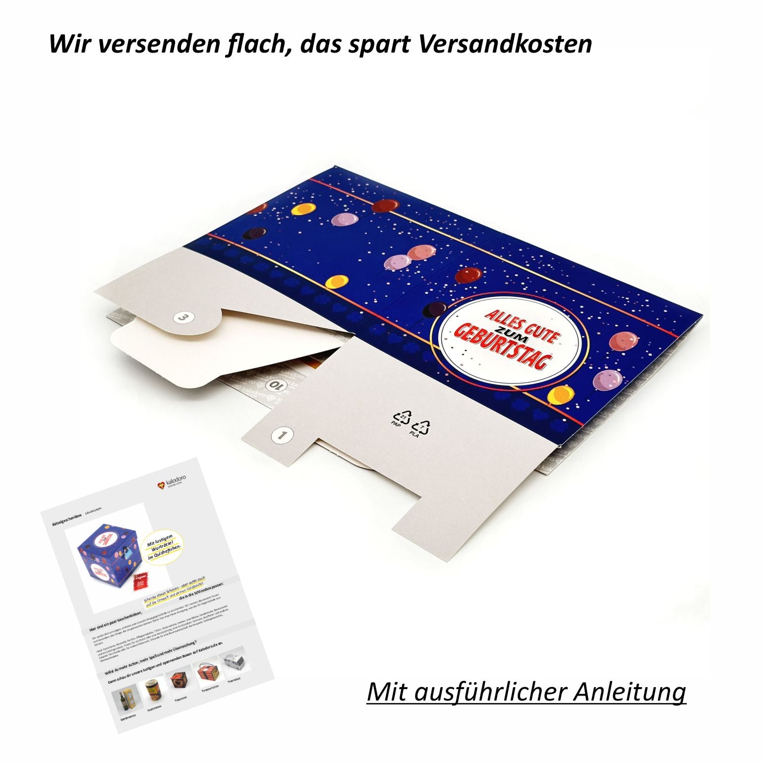 Unaufgebaute Rätselbox Geburtstag flach liegend mit bedruckter Außenseite und Innenseite, freigestellt auf weißem Hintergrund.
