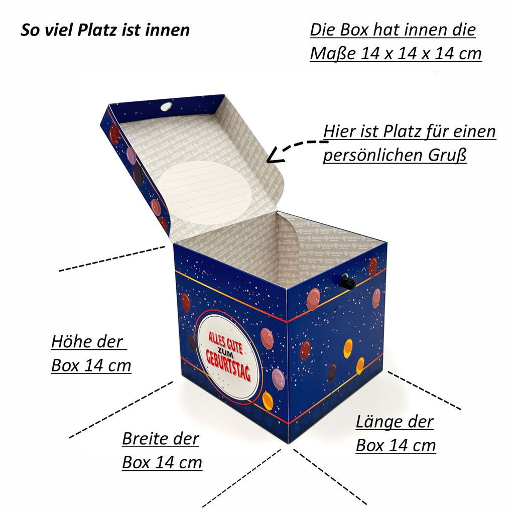 Geöffnete Rätselbox Geburtstag mit Maßangaben 14 x 14 x 14 cm auf weißem Hintergrund.
