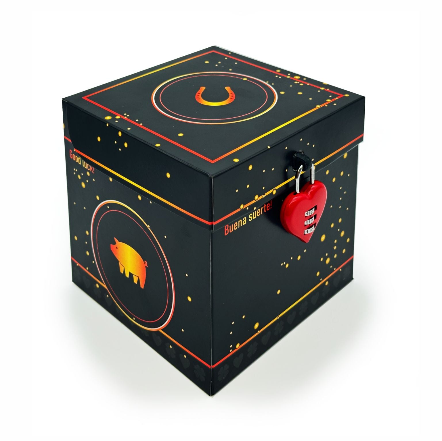 Geschlossene Rätselbox Glück in Schwarz mit goldenen Sprenkeln, Glücksschwein-Design auf der Seite (Good luck!), Hufeisen auf dem Deckel und rotem Herz-Zahlenschloss.