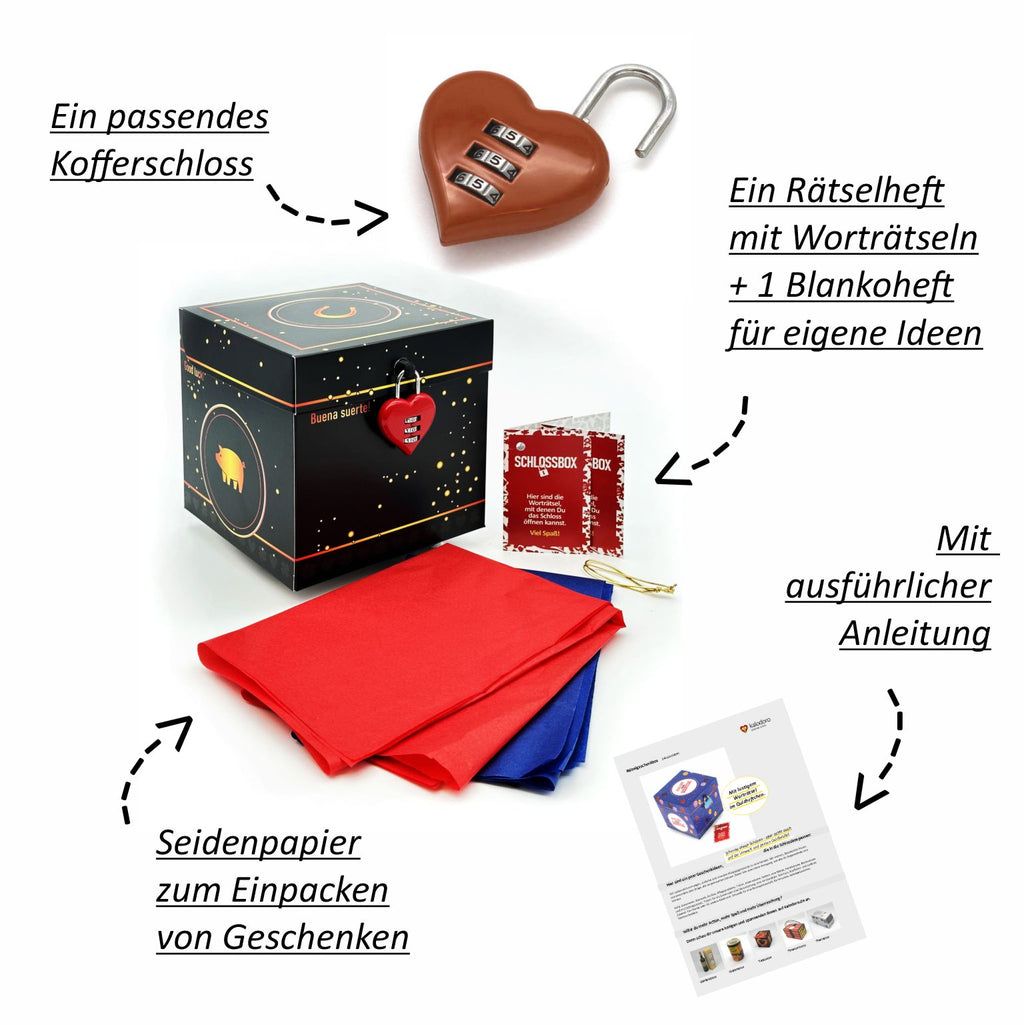 Lieferumfang der Rätselbox Glück mit Herz-Zahlenschloss, Rätselheft, Blankoheft, Seidenpapier und Anleitung auf weißem Hintergrund.