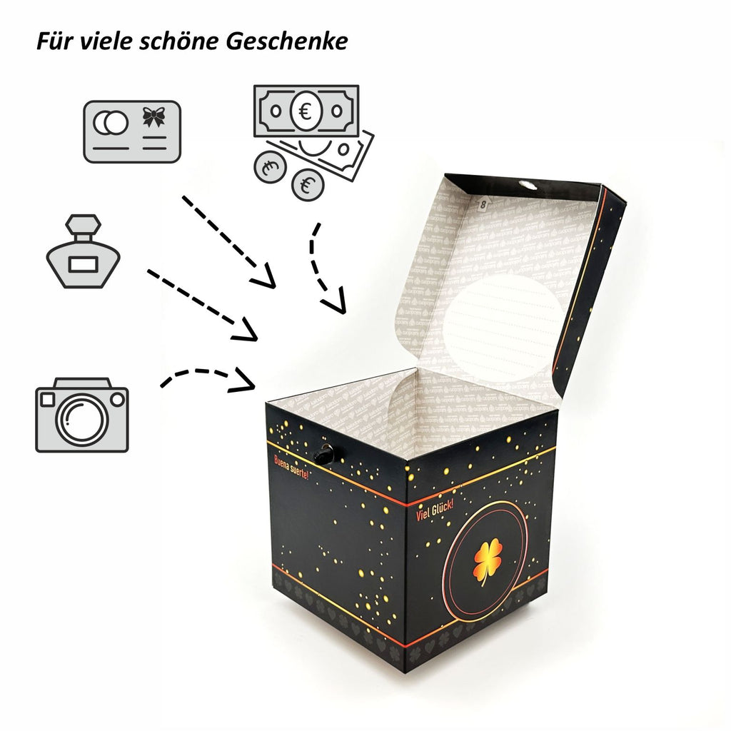 Geöffnete Rätselbox Glück mit Kleeblatt-Motiv an der Seite und beschreibbarem Innenfeld für Geldgeschenke oder kleine Überraschungen. Aufschrift: Viel Glück!