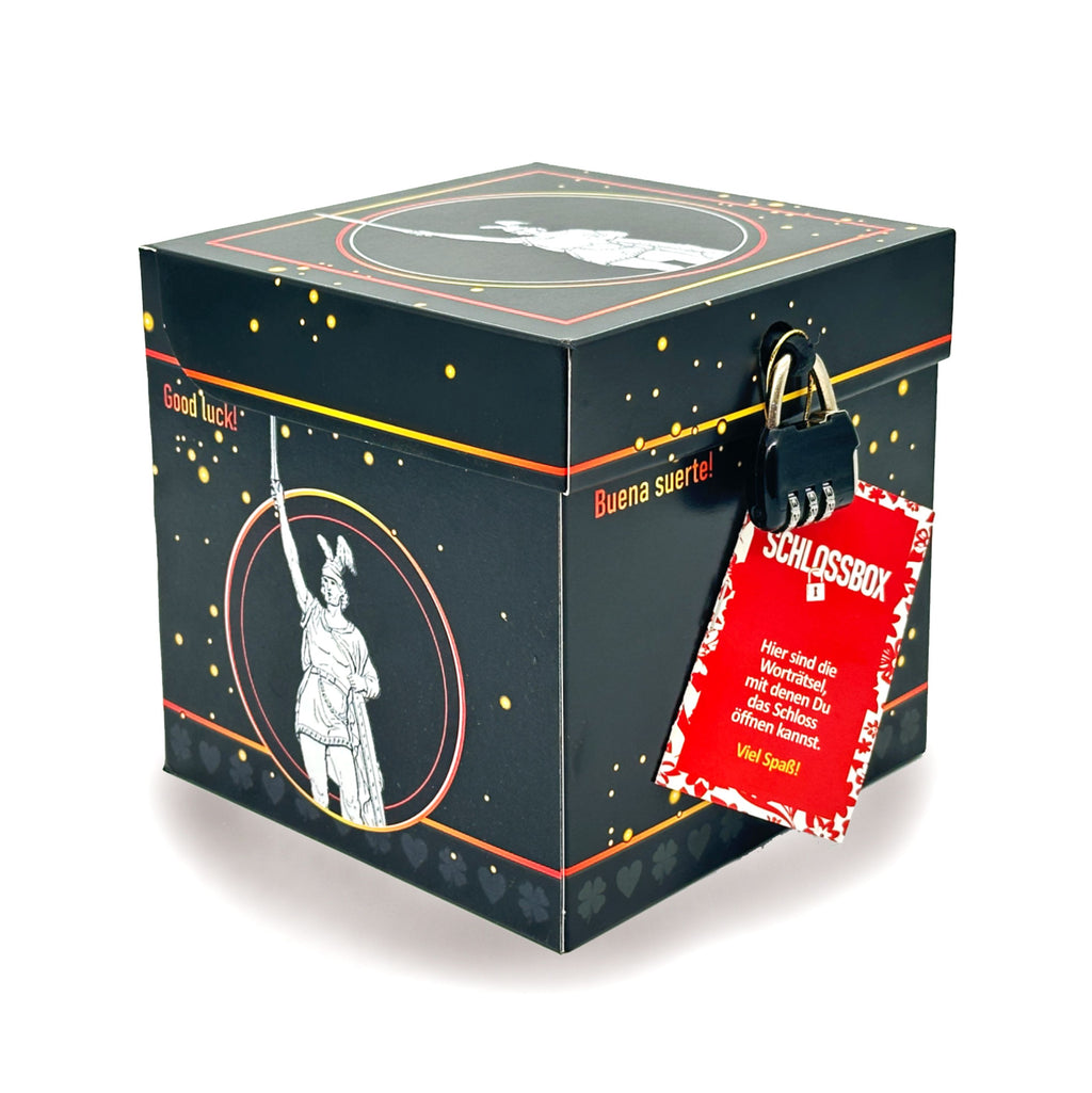 Rätselbox Glück mit Hermannsdenkmal aus Detmold mit  Zahlenschloss und Rätselanhänger – originelle Geschenkverpackung für Geldgeschenke. Schwarz mit goldenen Sprenkeln.