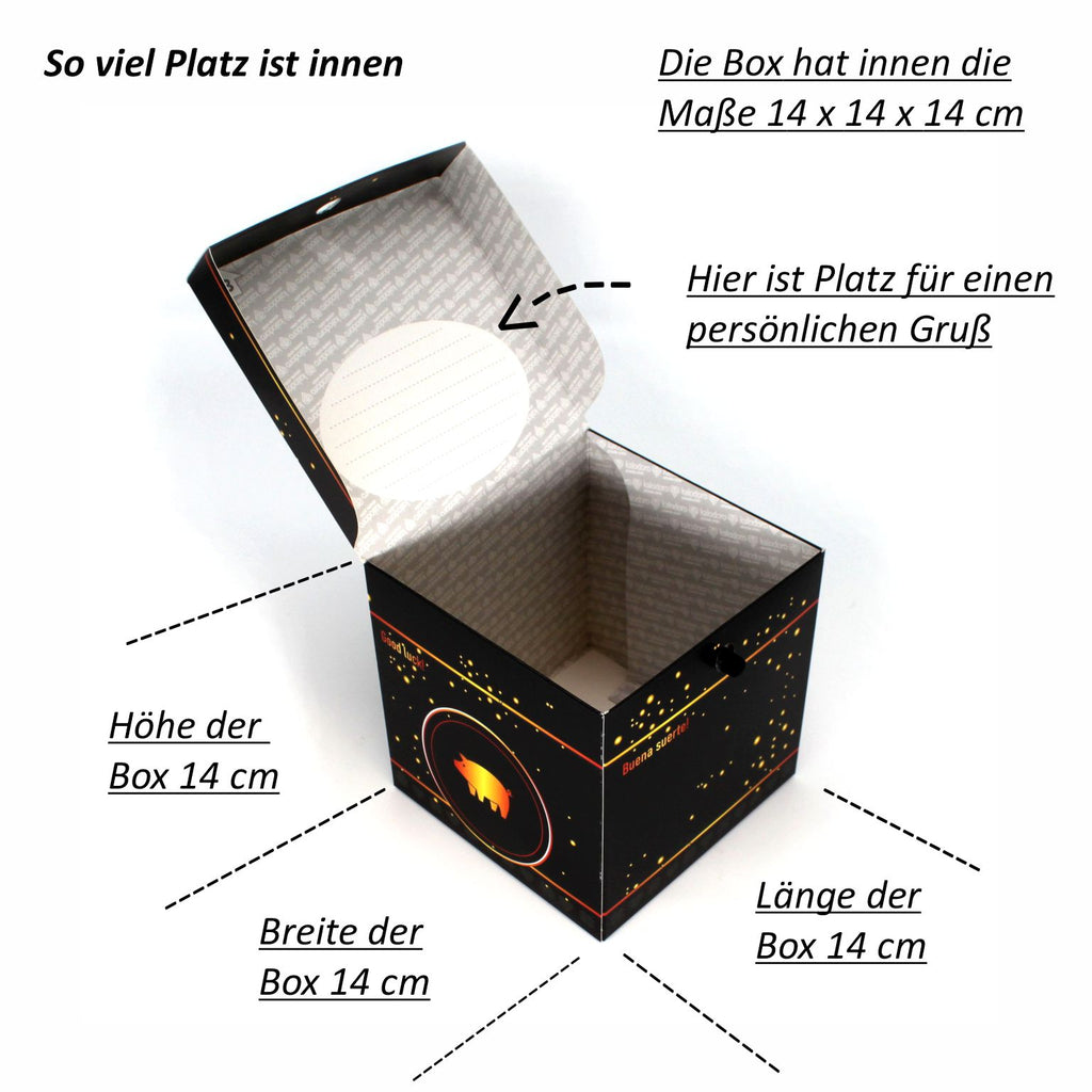 Geöffnete Rätselbox Glück in Schwarz mit goldenen Sprenkeln, quadratischer Innenraum mit 14 x 14 x 14 cm und beschreibbarem Feld im Deckel.